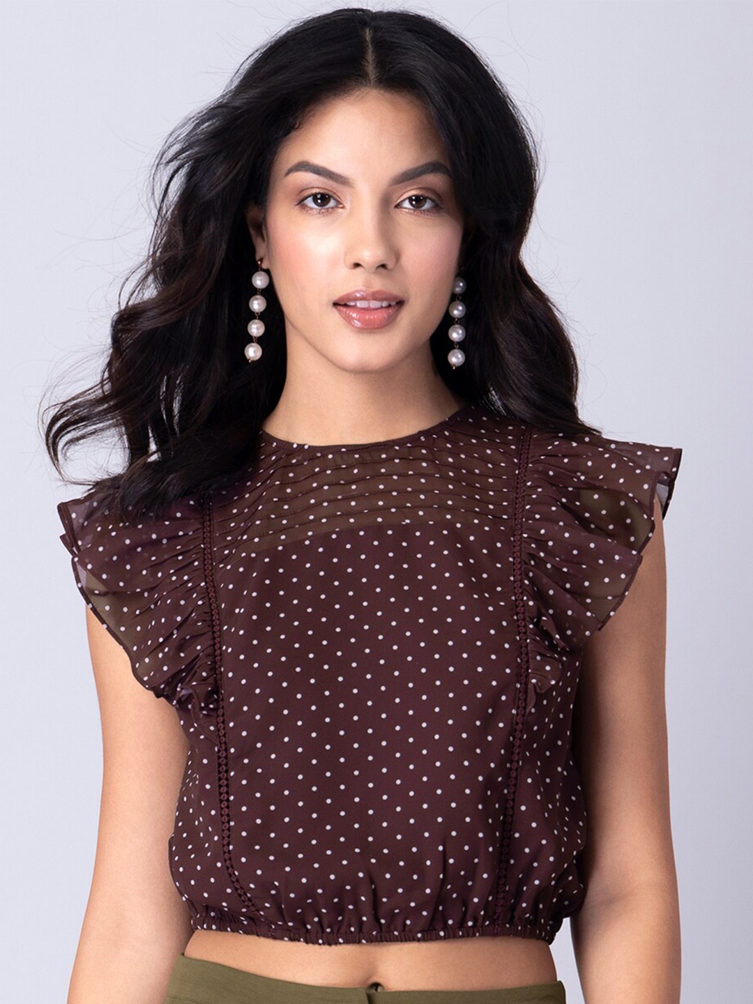 

FabAlley Maroon Polka Dot Print Georgette Blouson Crop Top