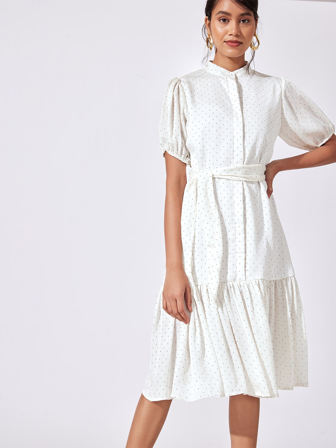 

The Label Life White Polka Dot Printed A-Line Midi Dress