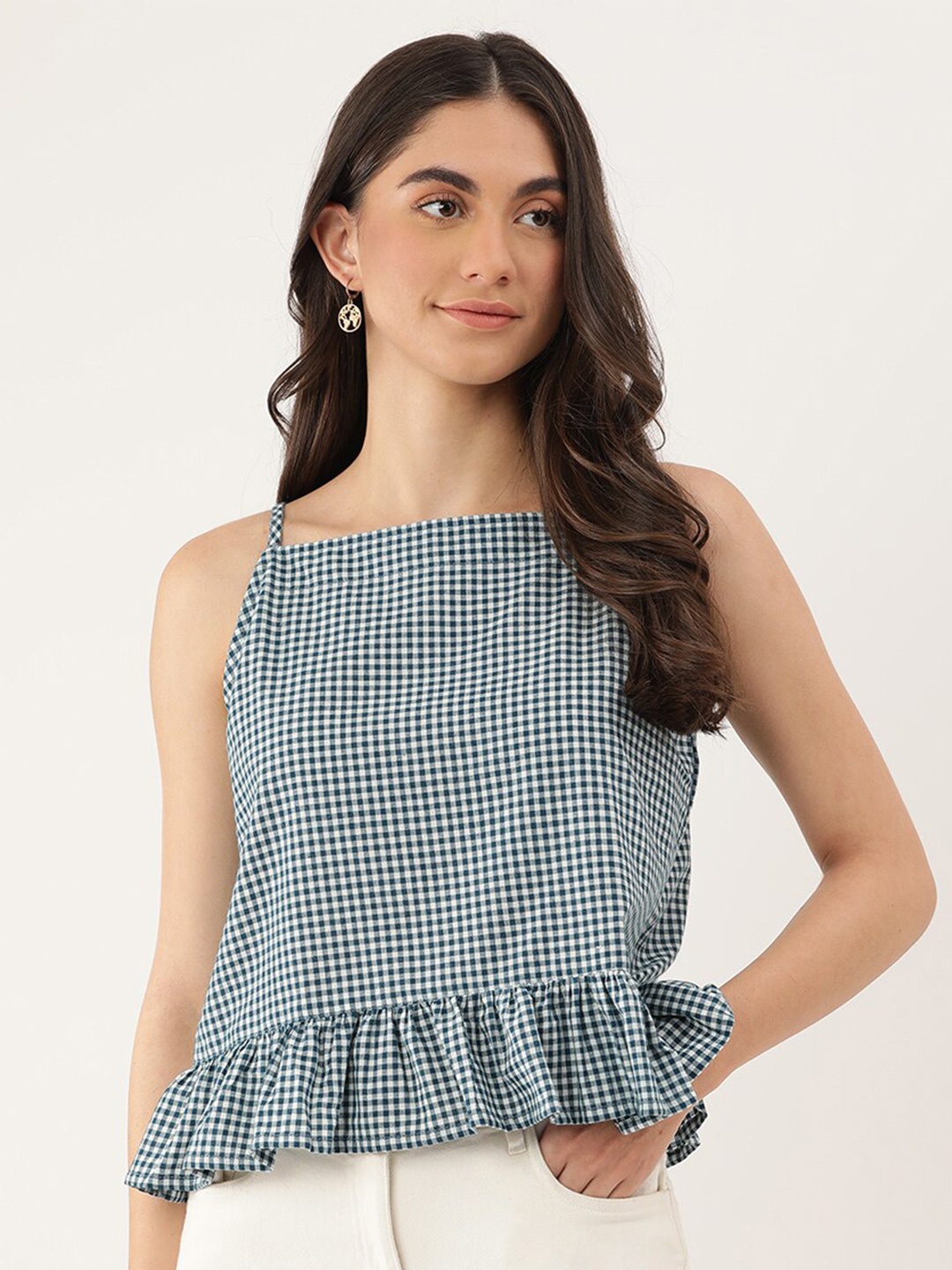 

Lokatita Women Blue Checked Peplum Crop Top