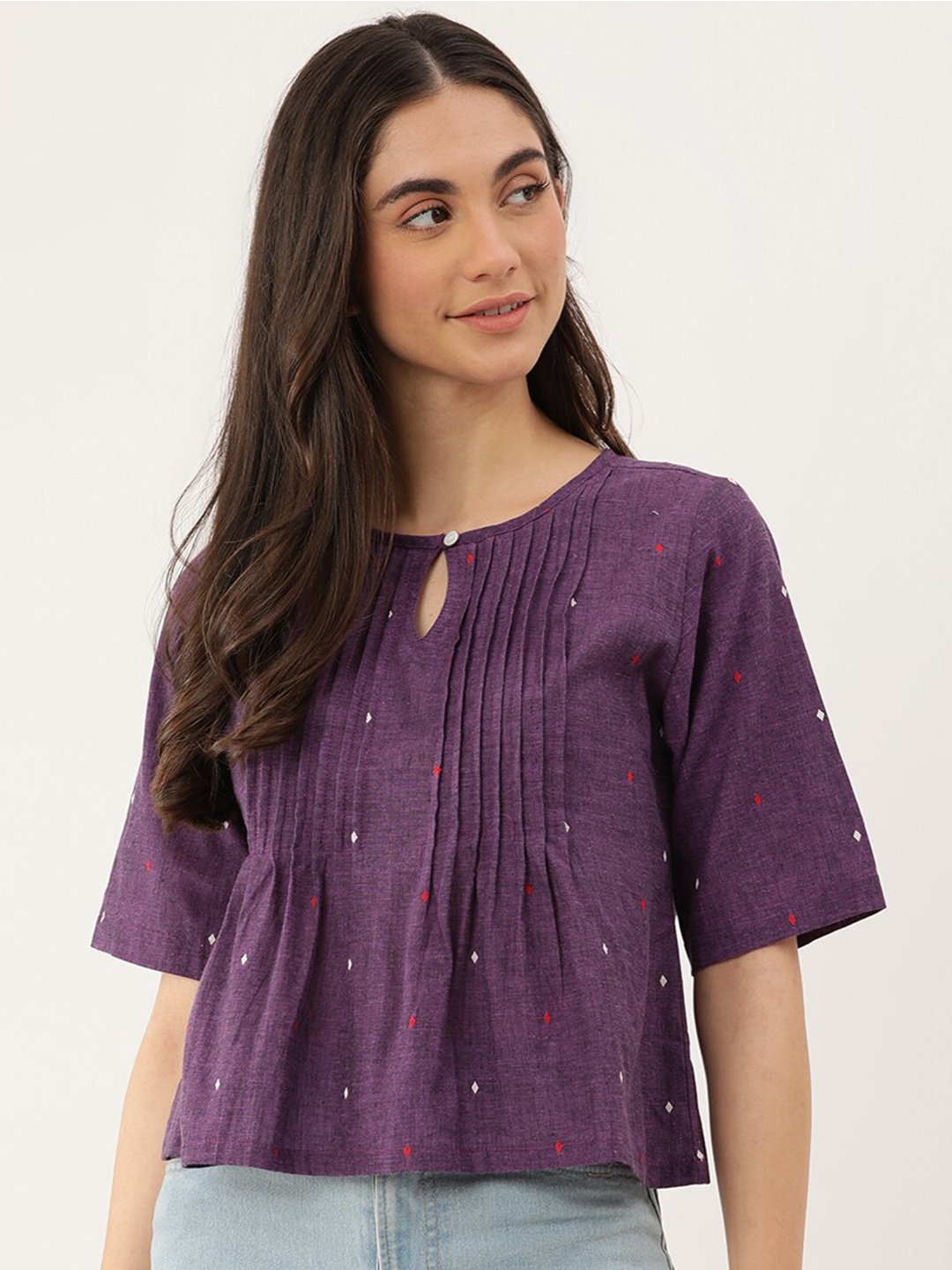 

Lokatita Women Dobby Pleated Cotton Top, Purple
