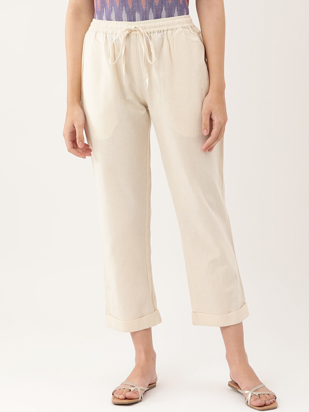 

Lokatita Women Off White Classic Tapered Fit Trousers