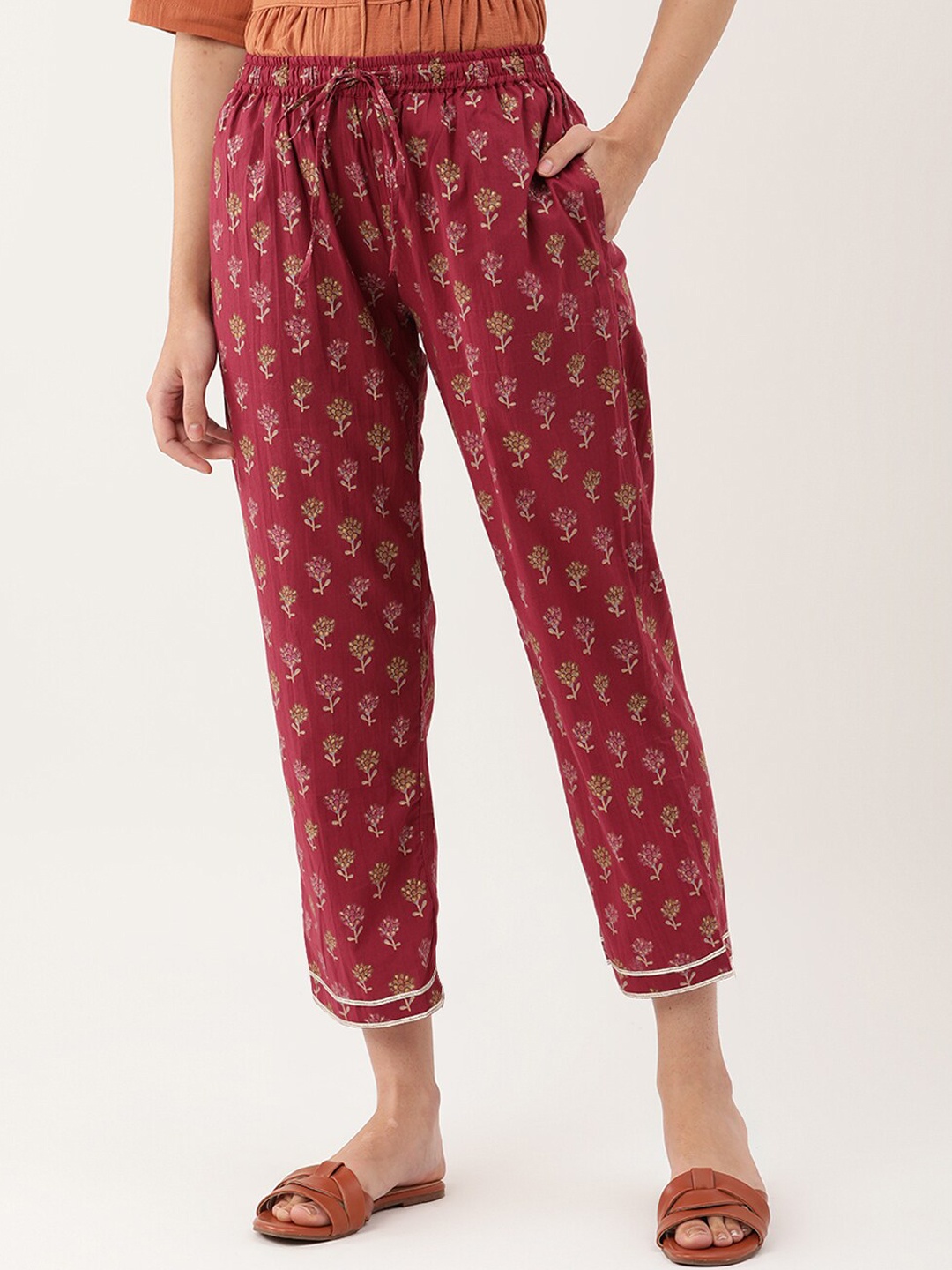 

Lokatita Women Maroon Floral Printed Classic Tapered Fit Cotton Trousers