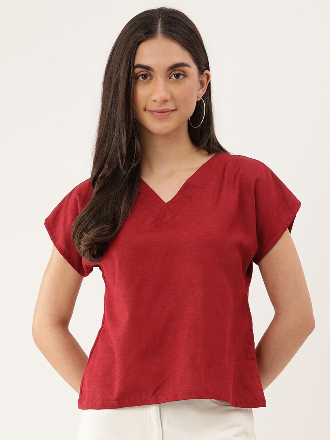 

Lokatita Maroon Linen Viscose Regular Top