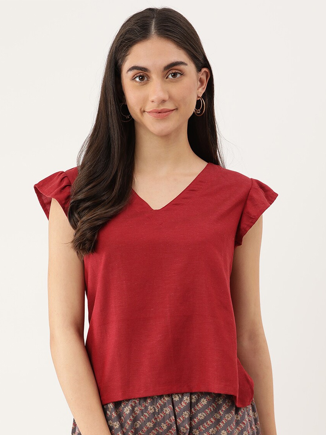 

Lokatita Women Maroon Linen Viscose Regular Top