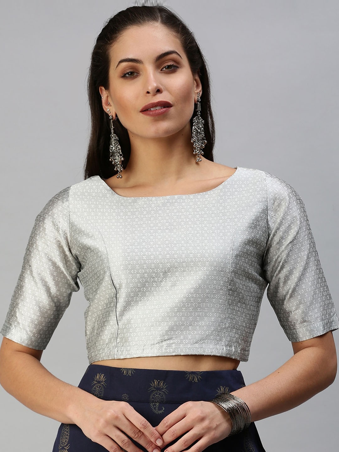 

De Moza Silver-Colored Woven Design Saree Blouse