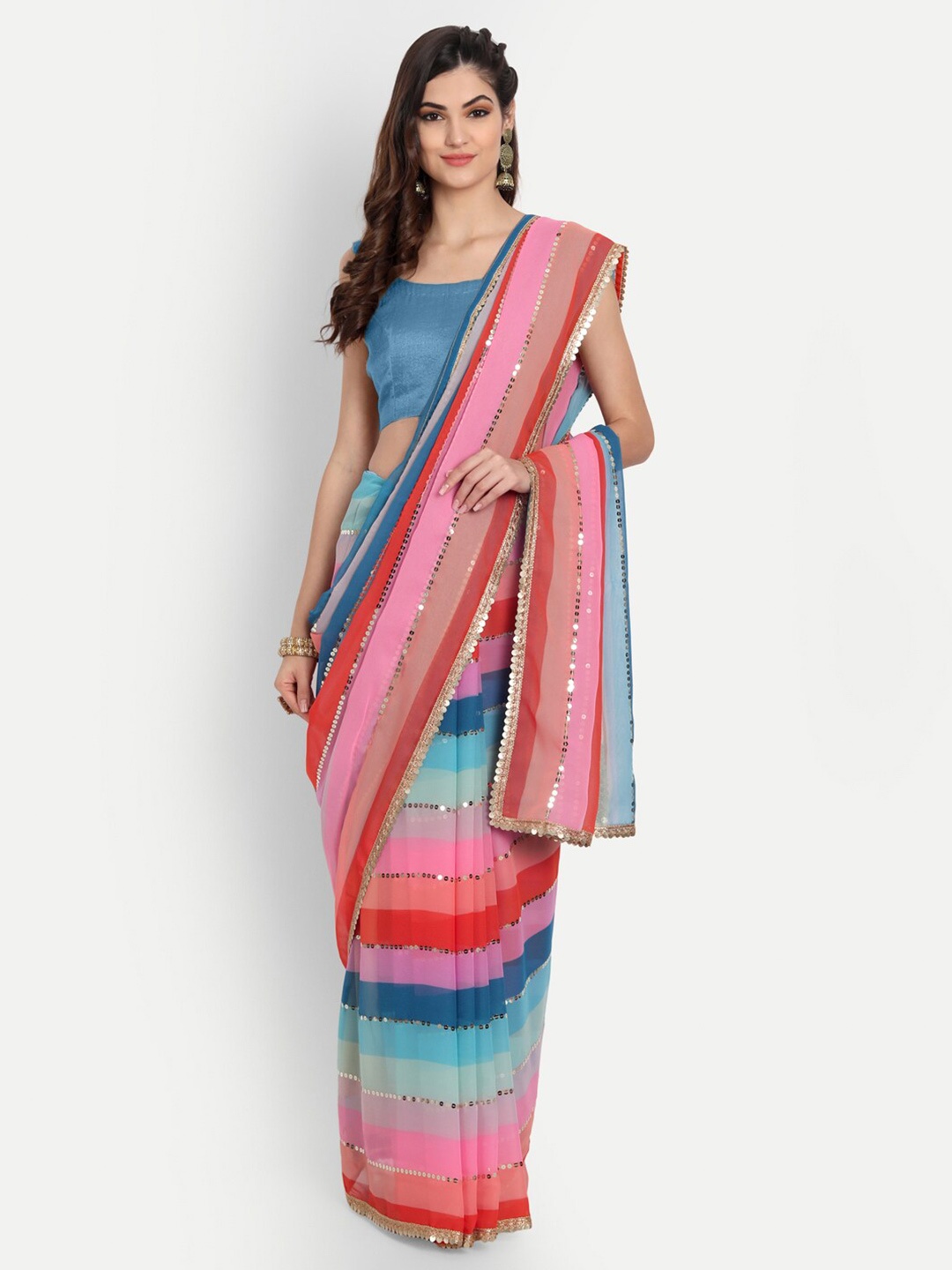 

CLEMIRA Pink & Blue Embellished Sequinned Pure Georgette Saree