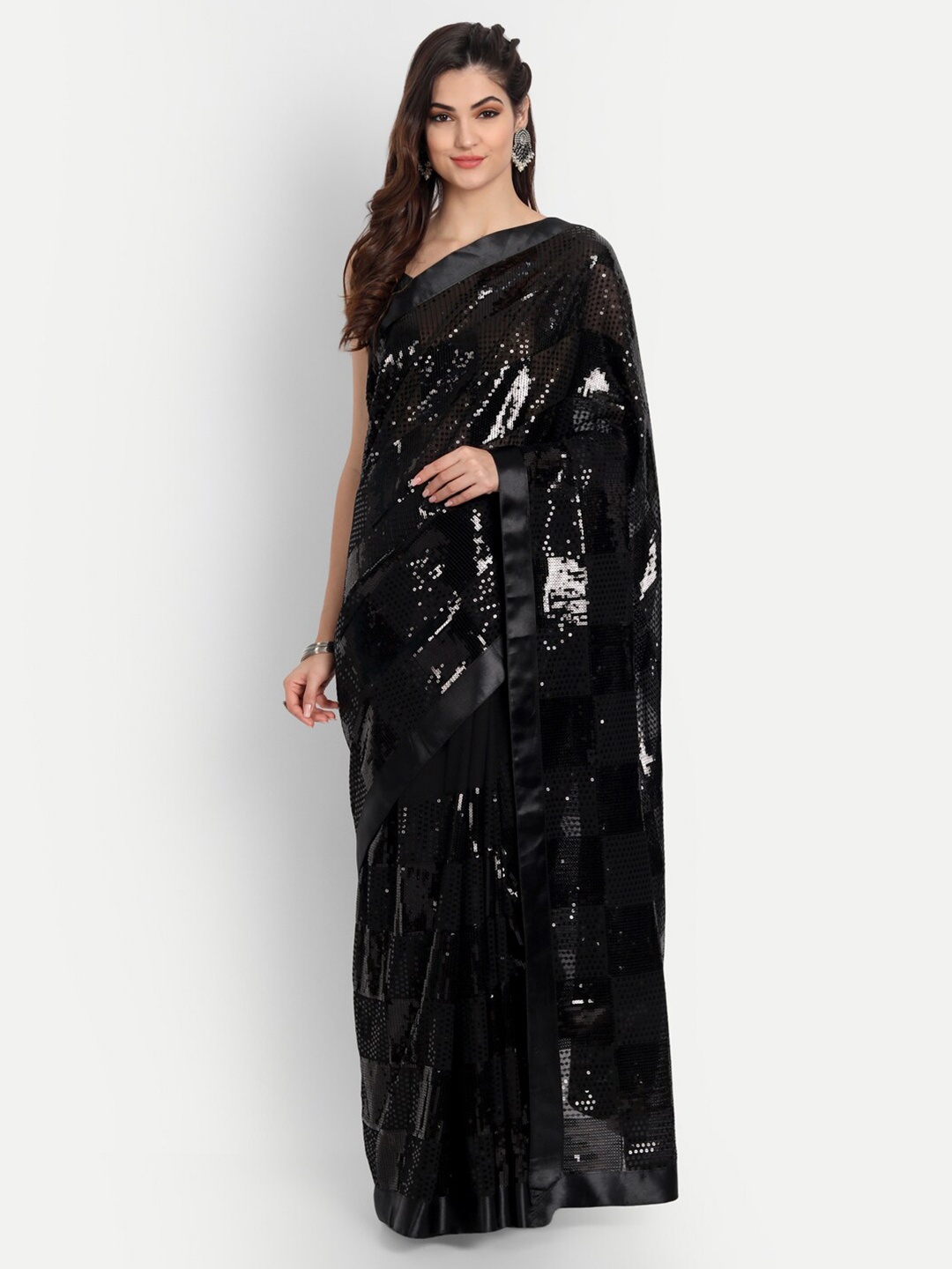 

CLEMIRA Black Checked Embroidered Pure Georgette Saree