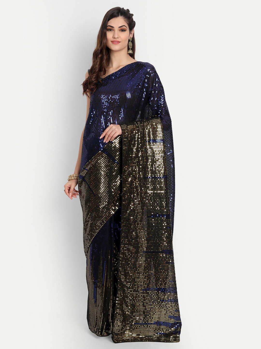 

CLEMIRA Gold-Toned & Blue Embellished Embroidered Pure Georgette Half and Half Saree
