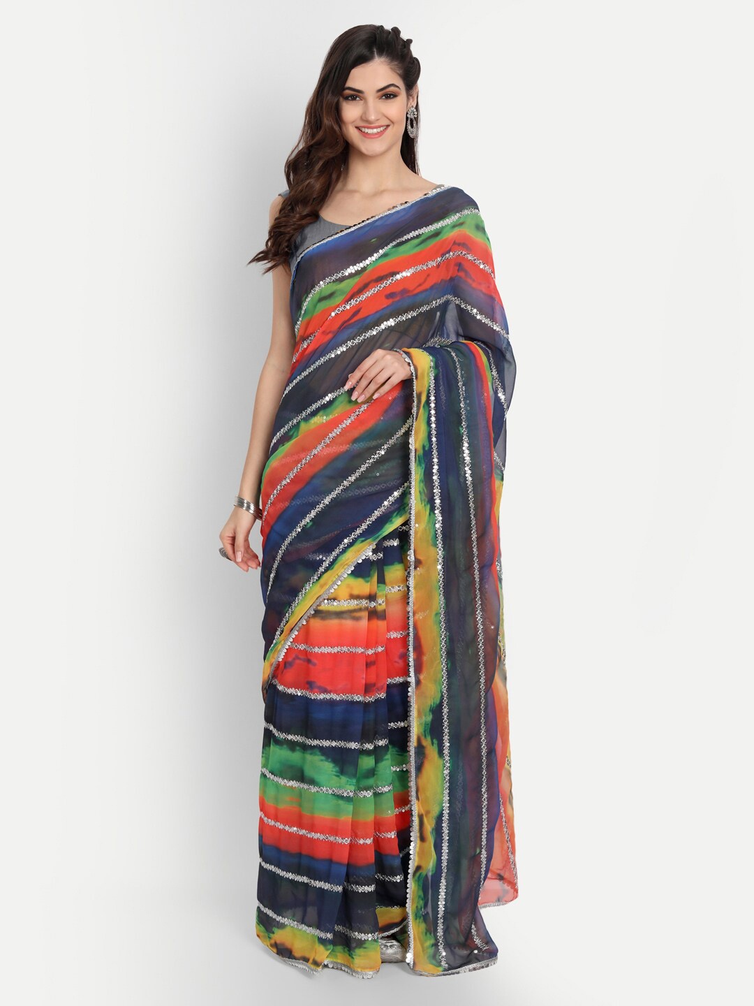 

CLEMIRA Orange & Blue Leheriya Sequinned Saree