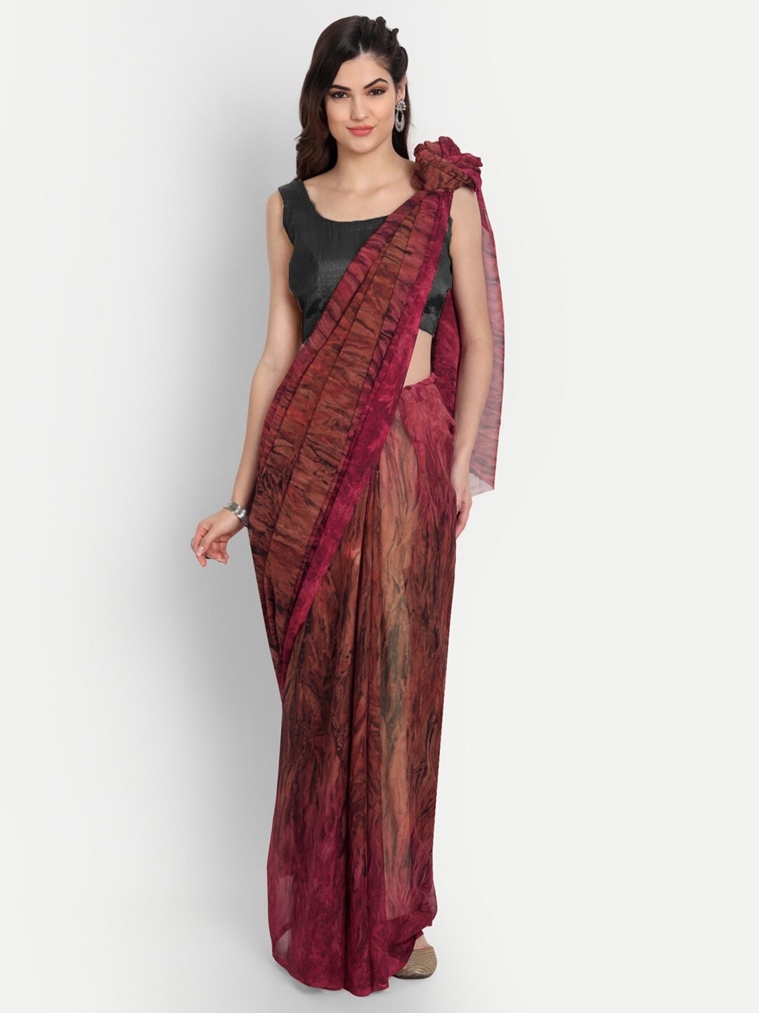 

CLEMIRA Coffee Brown & Maroon Printed Saree