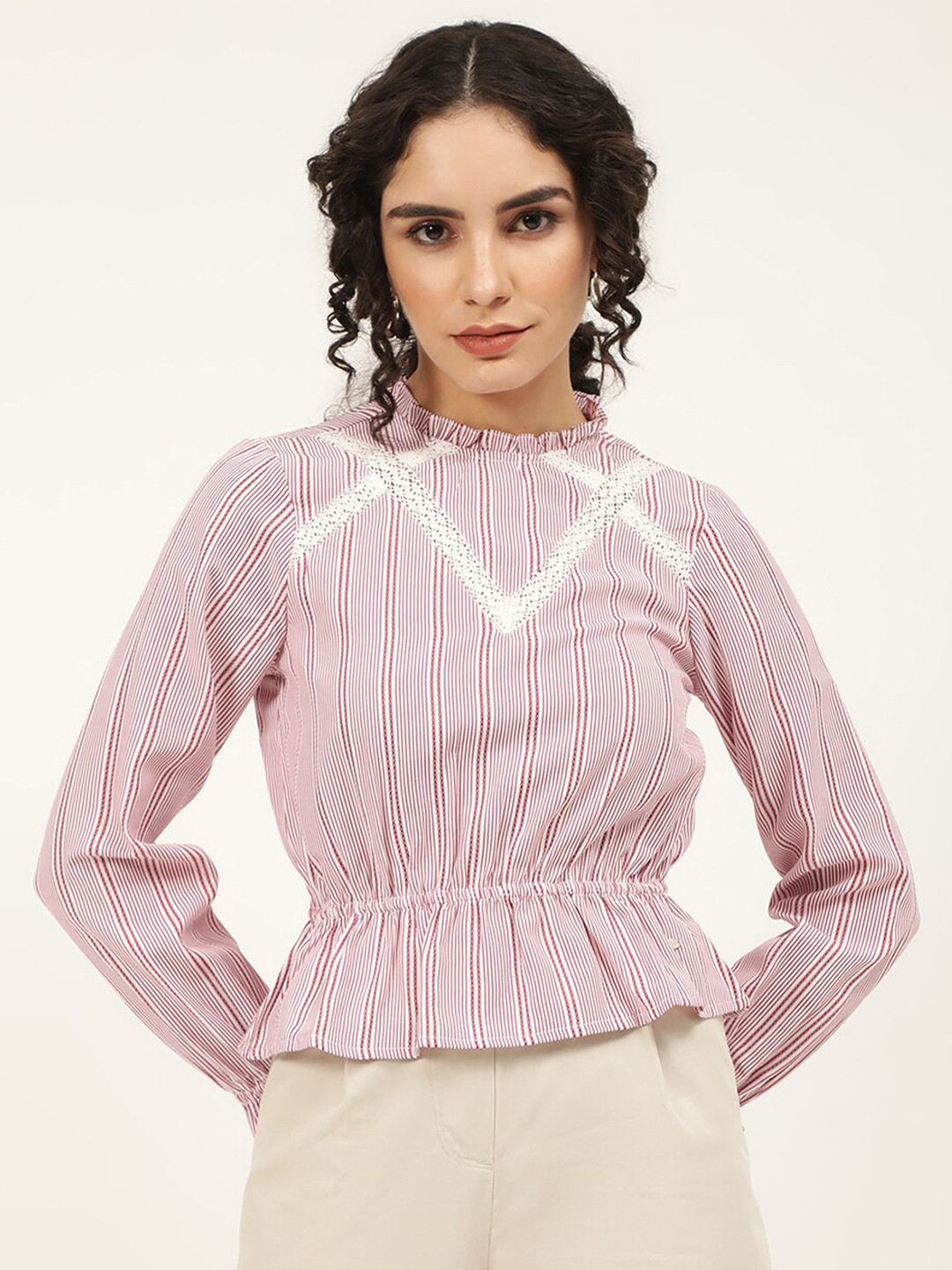 

ELLE Red Striped Cotton Cinched Waist Top