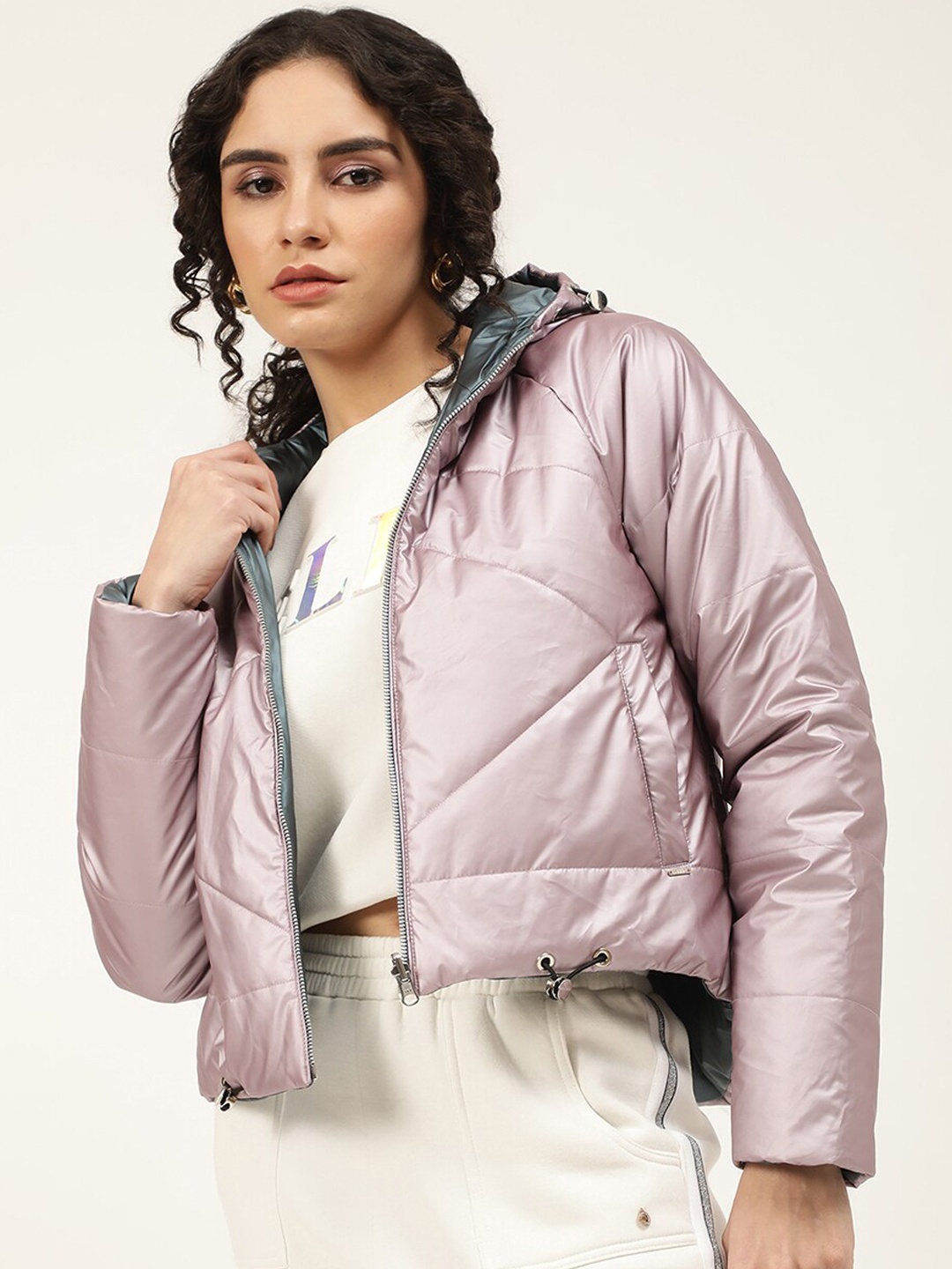 

ELLE Women Gunmetal-Toned Crop Padded Jacket, Metallic