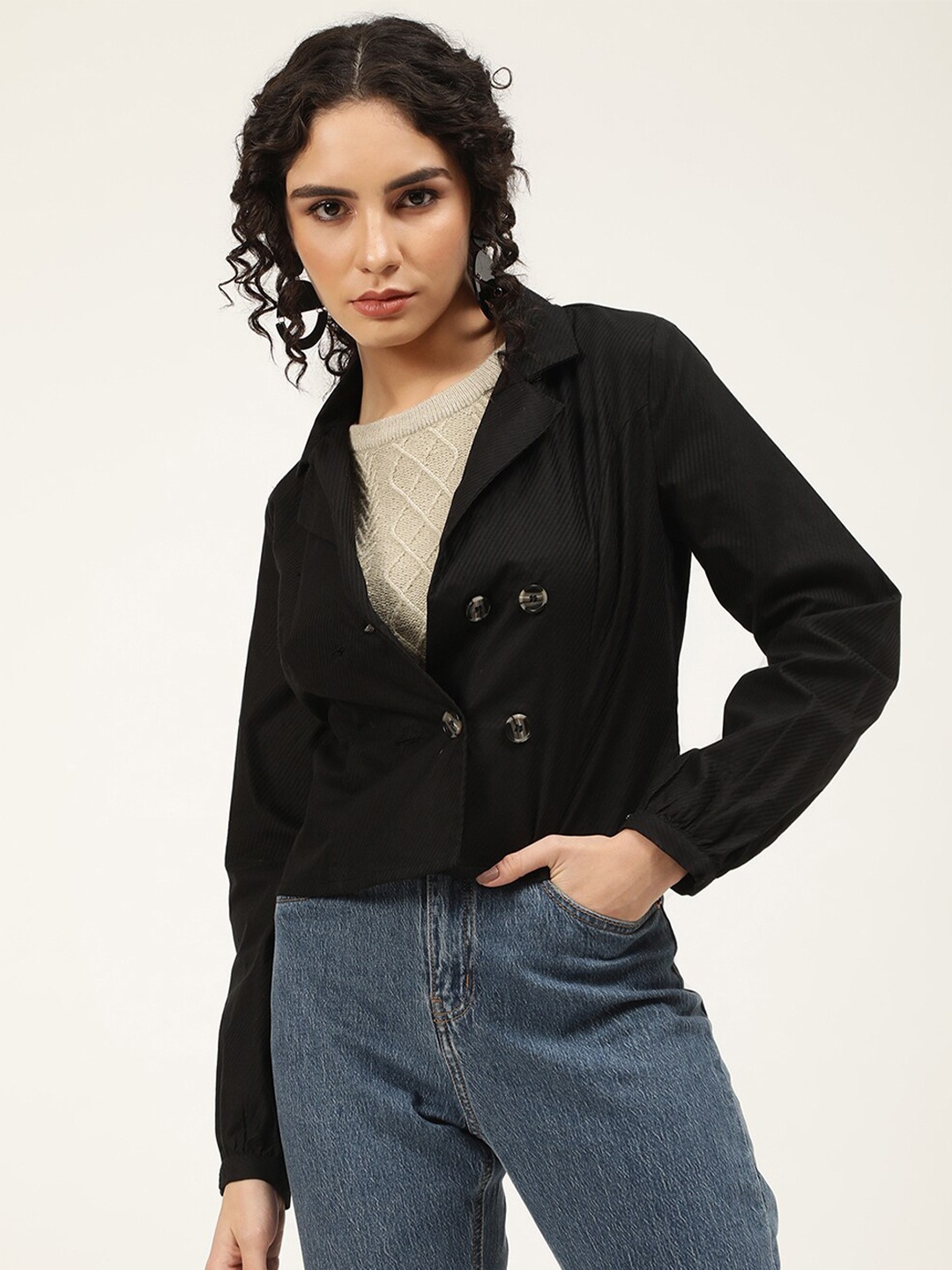 

ELLE Women Black Striped Shirt Style Pure Cotton Crop Top