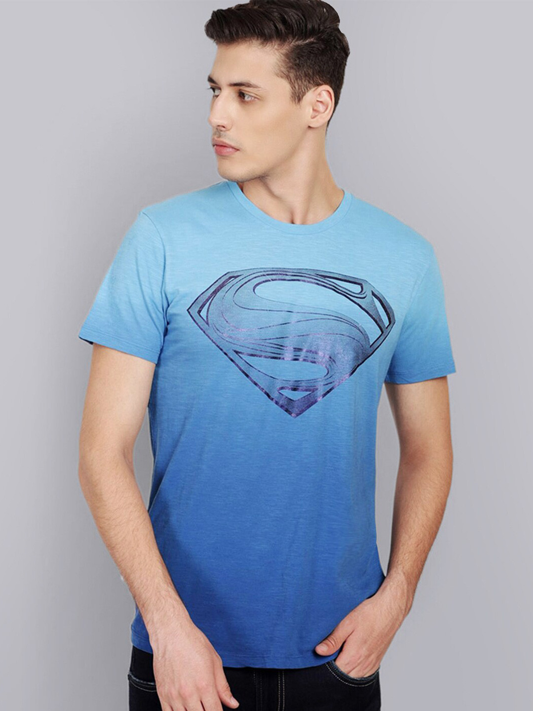 

Free Authority Men Blue Man Of Steel Printed Raw Edge Cotton T-shirt