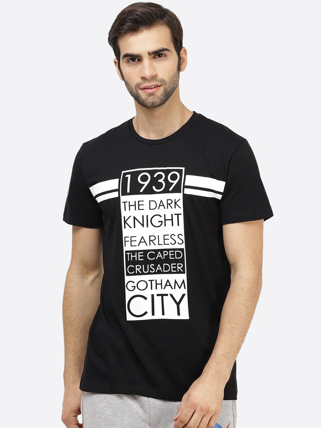 

Free Authority Men Black Typography Batman Printed Pure Cotton T-shirt