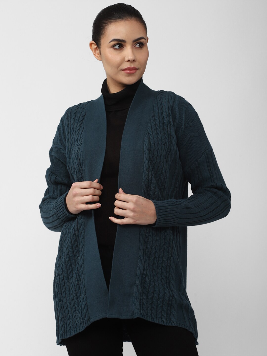 

Van Heusen Woman Women Green Cable Knit Front Open Sweaters
