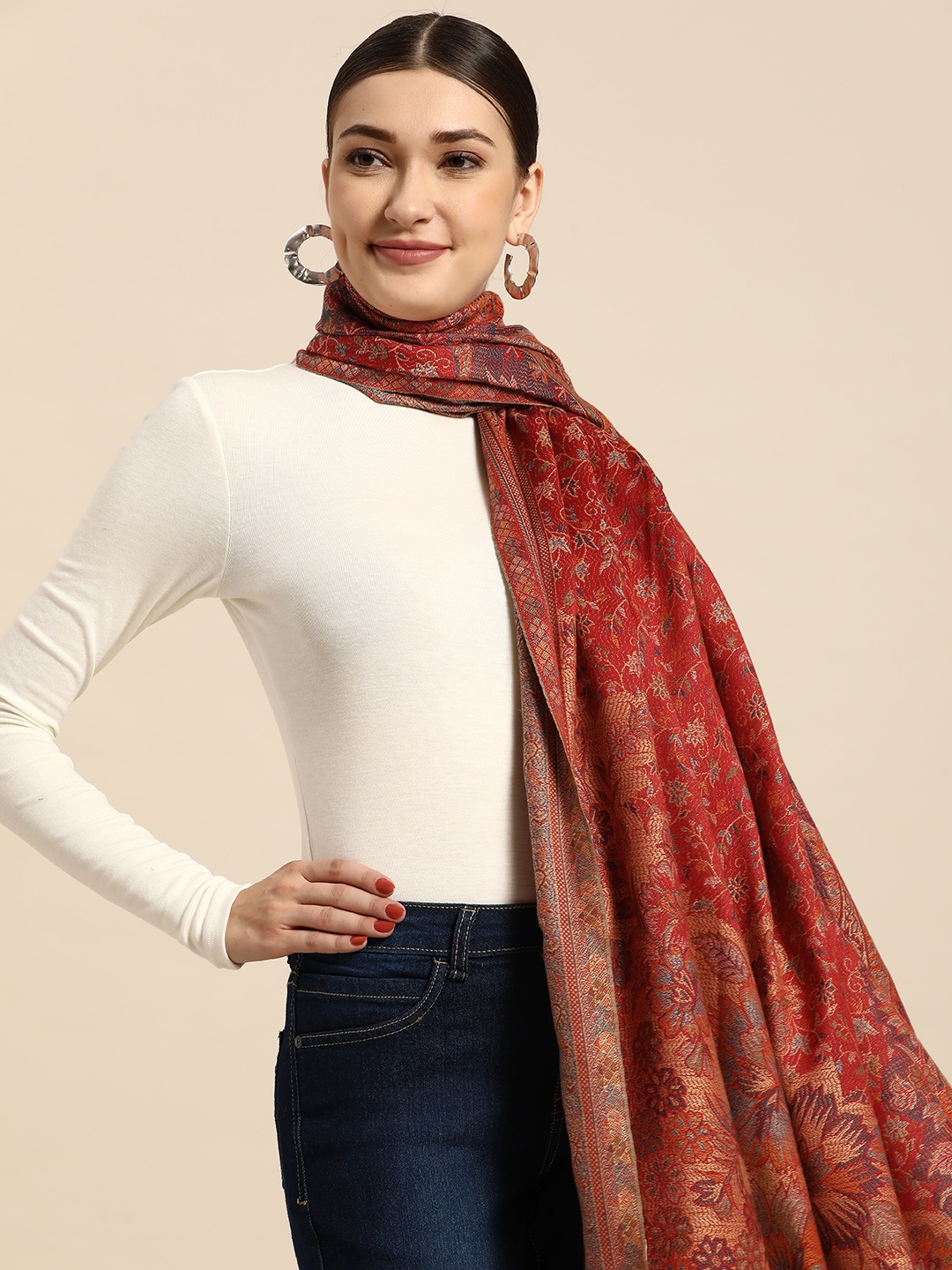 

Sangria Women Maroon Woven Design Shawl, Red