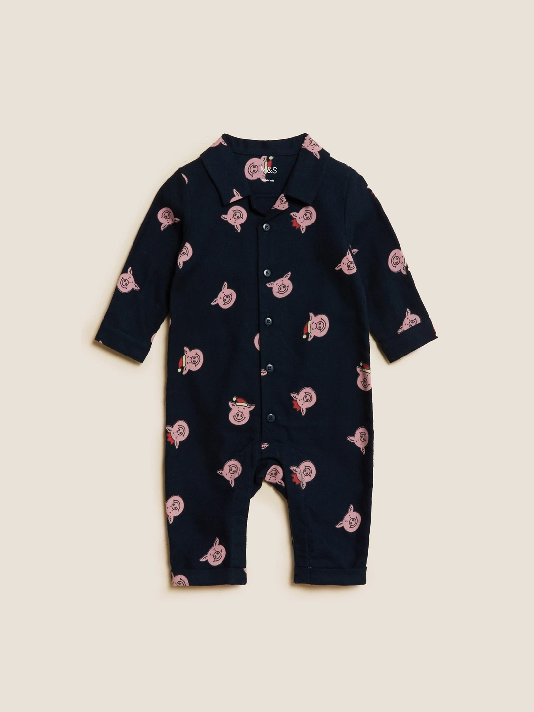 

Marks & Spencer Infants Navy Blue & Pink Printed Pure Cotton Rompers