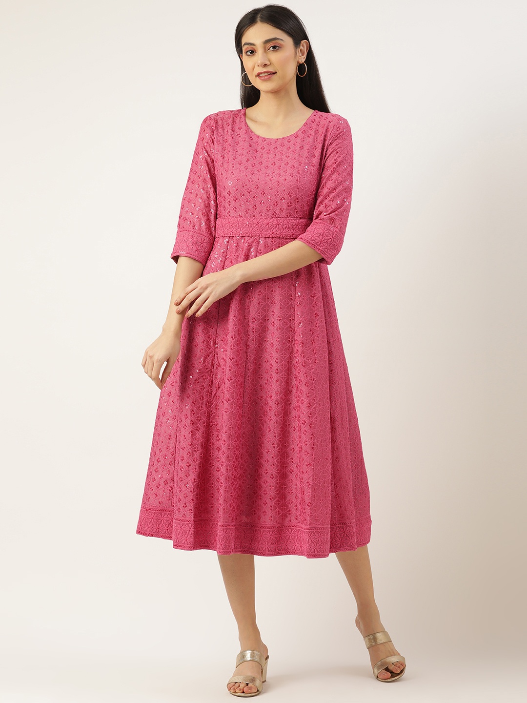 

SWAGG INDIA Woman Ethnic Motifs Embroidered Ethnic Midi Dress, Pink