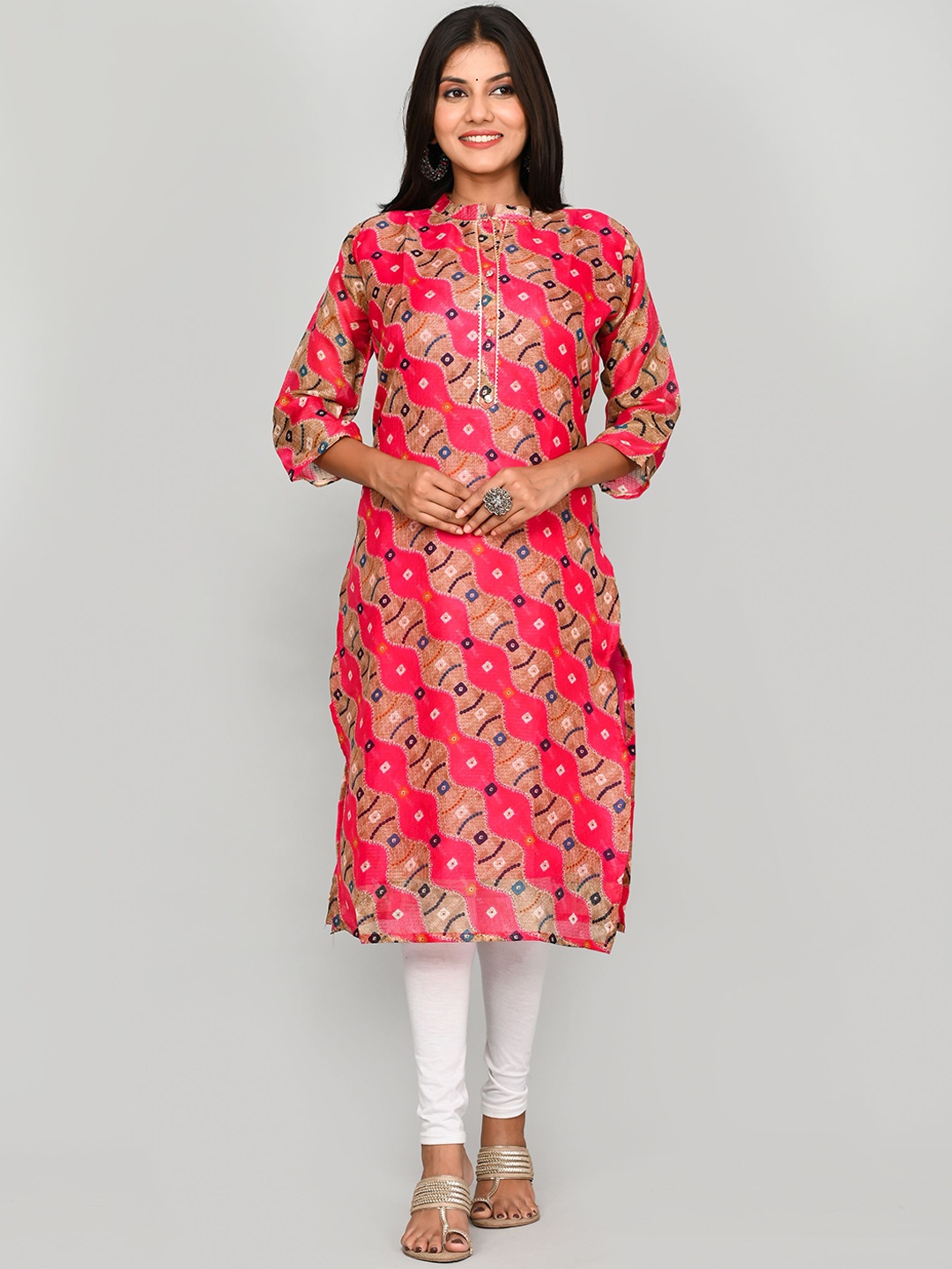 

Kesarya Women Pink & Brown Cotton Bandhani Printed Floral Khadi Handloom Kurta