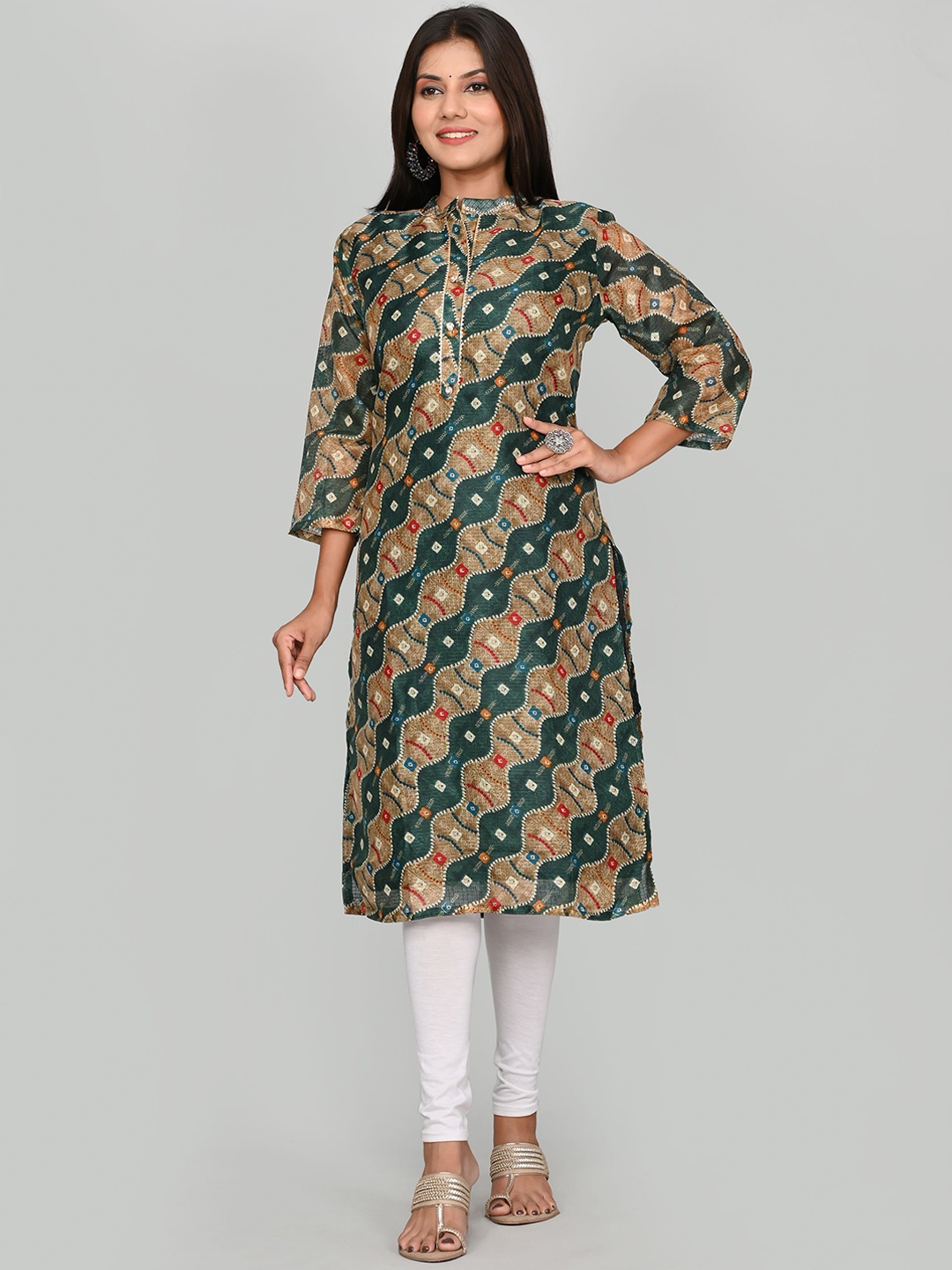 

Kesarya Women Green & Beige Geometric Printed Gotta Patti Khadi Kurta