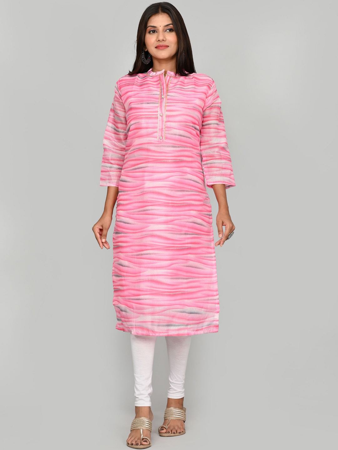 

Kesarya Women Pink & Grey Striped Flared Sleeves Khadi Handloom Kurta