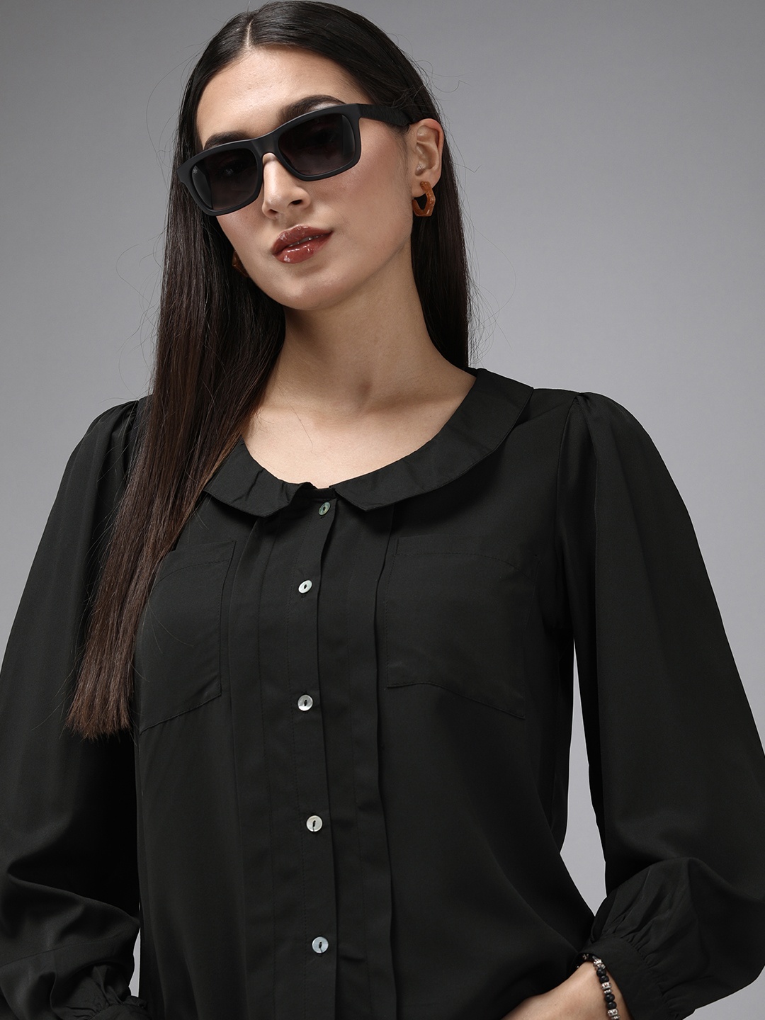 

The Roadster Lifestyle Co. Women Black Peter Pan Collar Solid Top