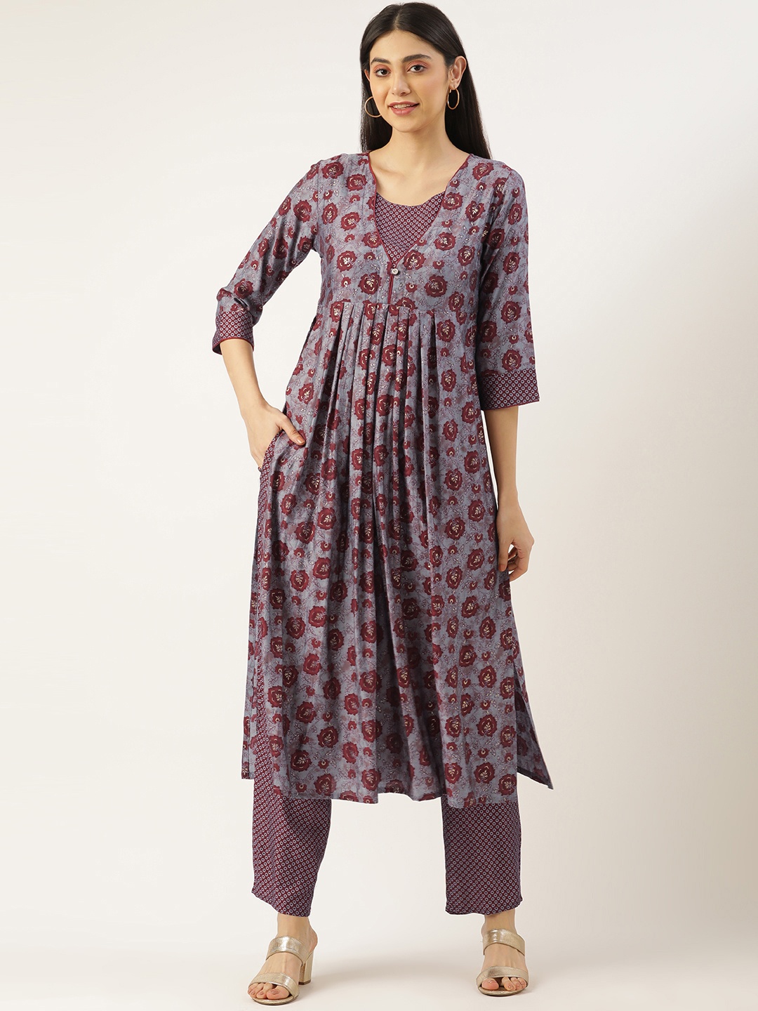 

SWAGG INDIA Woman Floral Printed High Slit Kurta with Trousers, Maroon