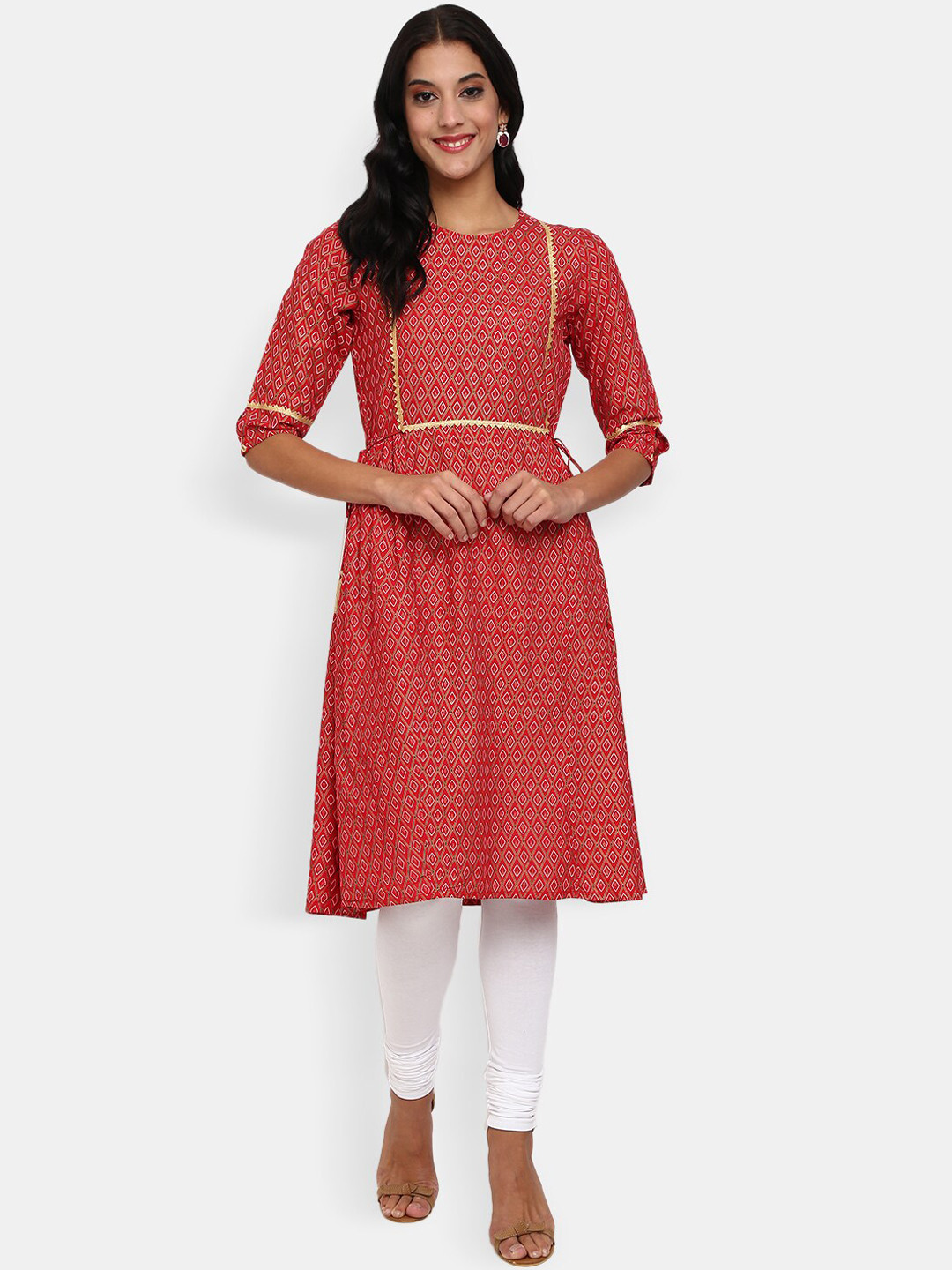 

V-Mart Women Red & White Geometric Printed Gotta Patti Kurta