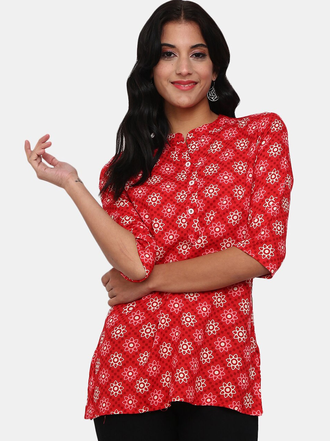 

V-Mart Women Red & White Printed Rayon Straight Kurti