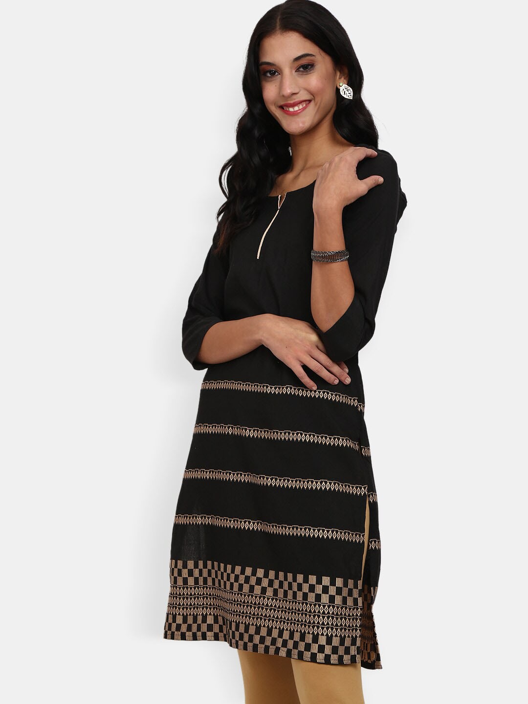 

V-Mart Women Black & Gold Printed Cotton Straight Kurta