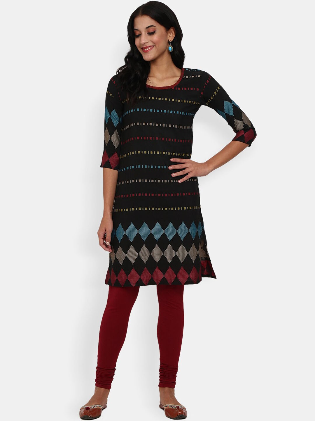 

V-Mart Women Black & Maroon Printed Cotton Straight Kurta