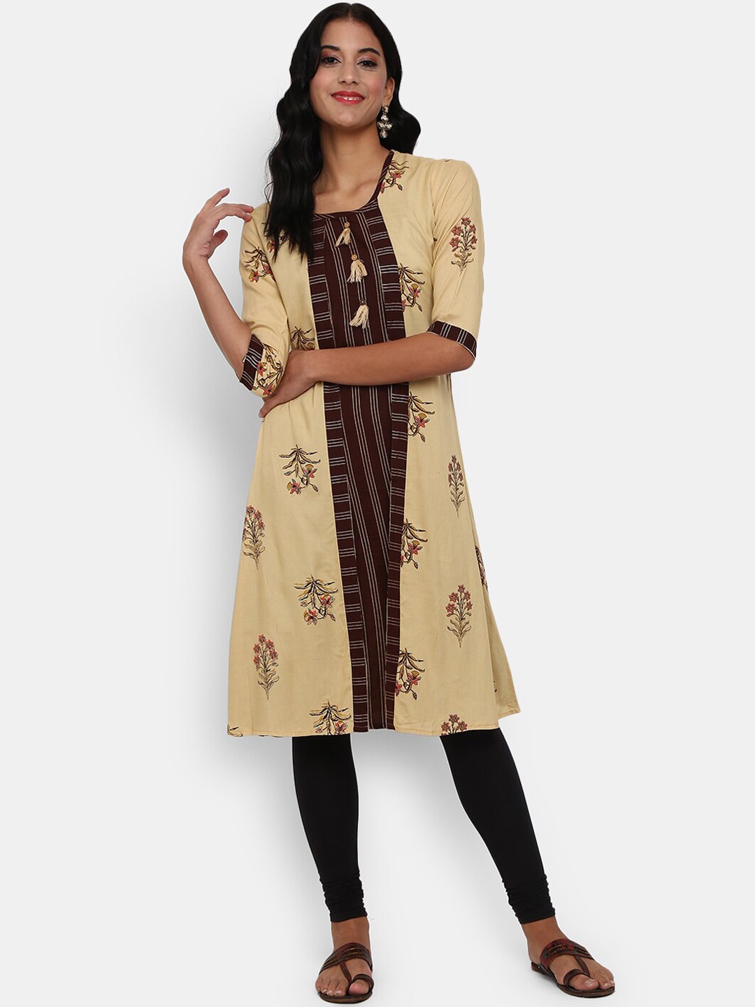 

V-Mart Women Brown & Beige Floral Printed Floral Round Neck Kurta