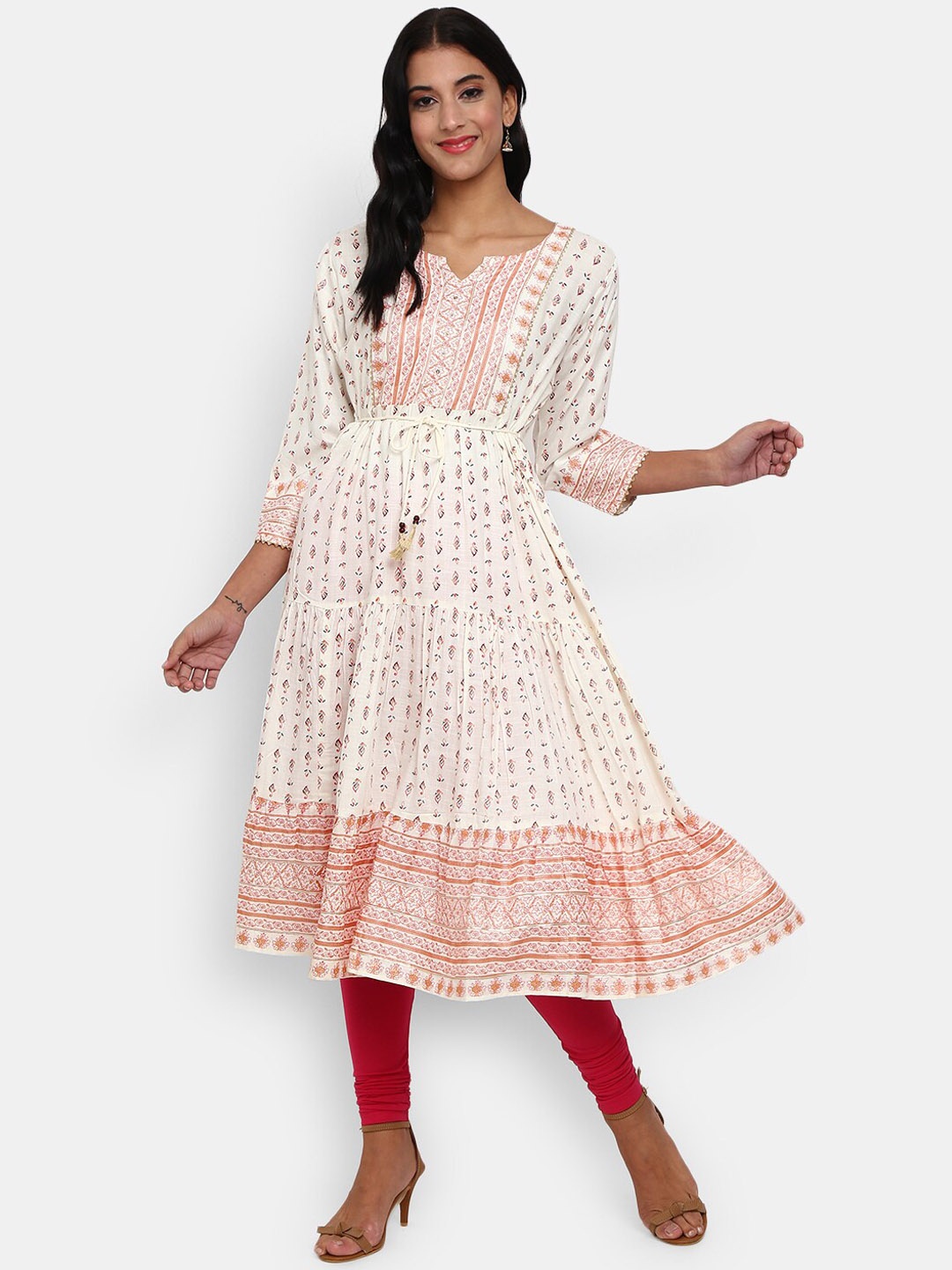 

V-Mart Women White Printed Cold-Shoulder Sleeves Thread Work Kurta