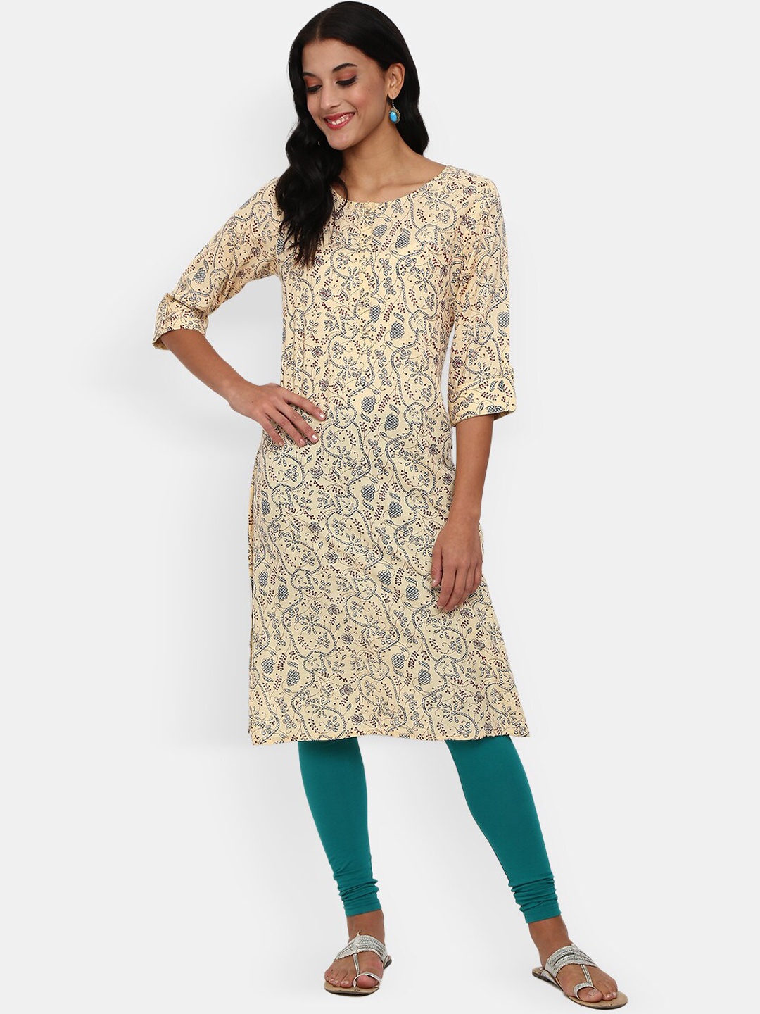 

V-Mart Women Cream Floral Printed Round Neck Straight Kurta