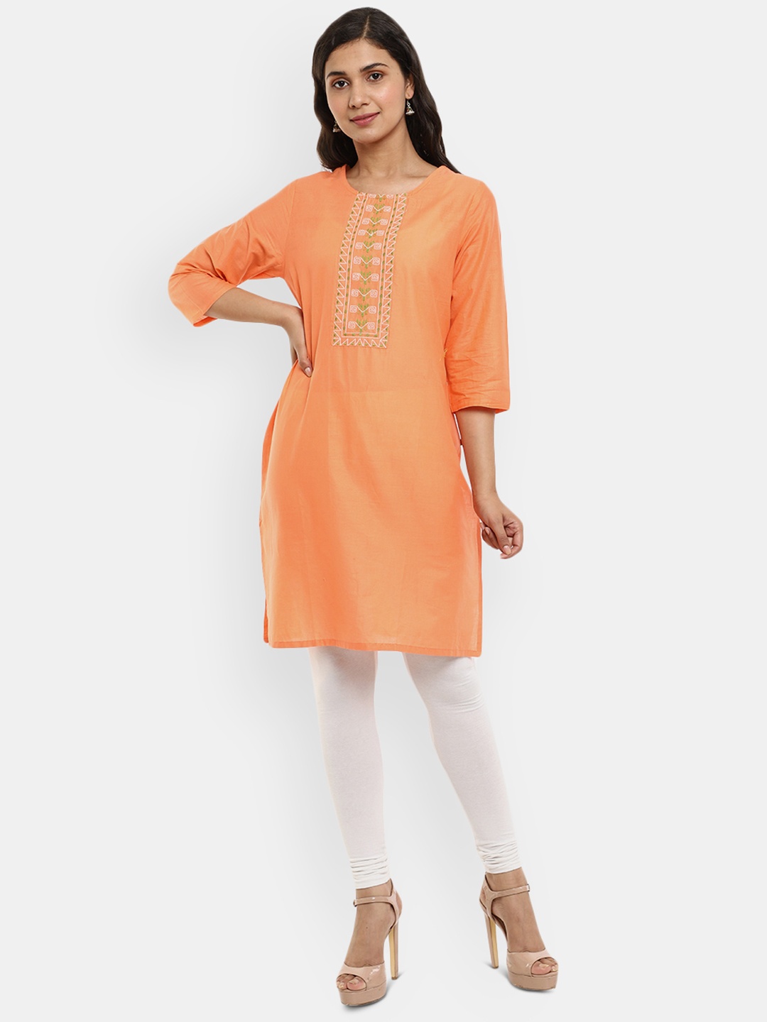 

V-Mart Women Orange Geometric Yoke Design Thread Work Kurta