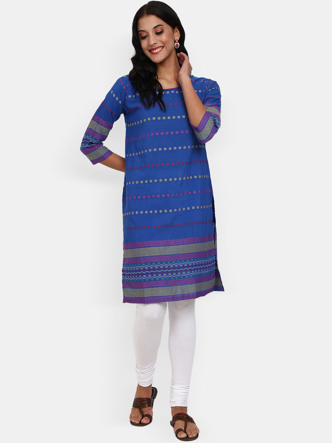 

V-Mart Women Blue & Gold-Toned Cotton Geometric Kurta