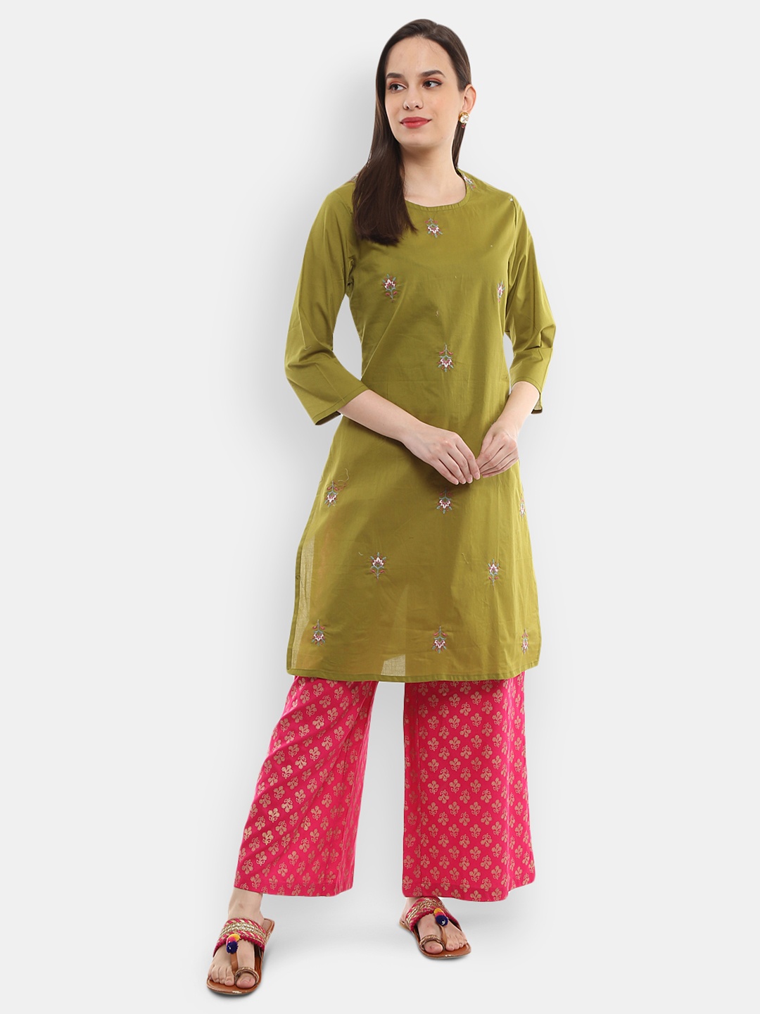 

V-Mart Women Olive Green Floral Embroidered Round Neck Straight Kurta