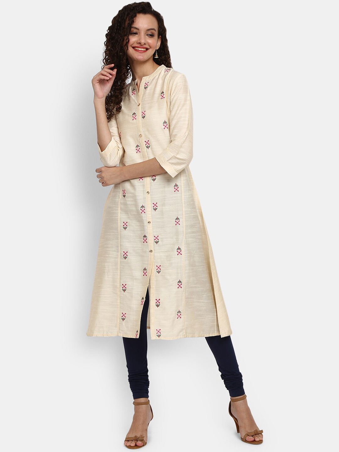 

V-Mart Women Cream-Coloured Floral Embroidered Thread Work Kurta