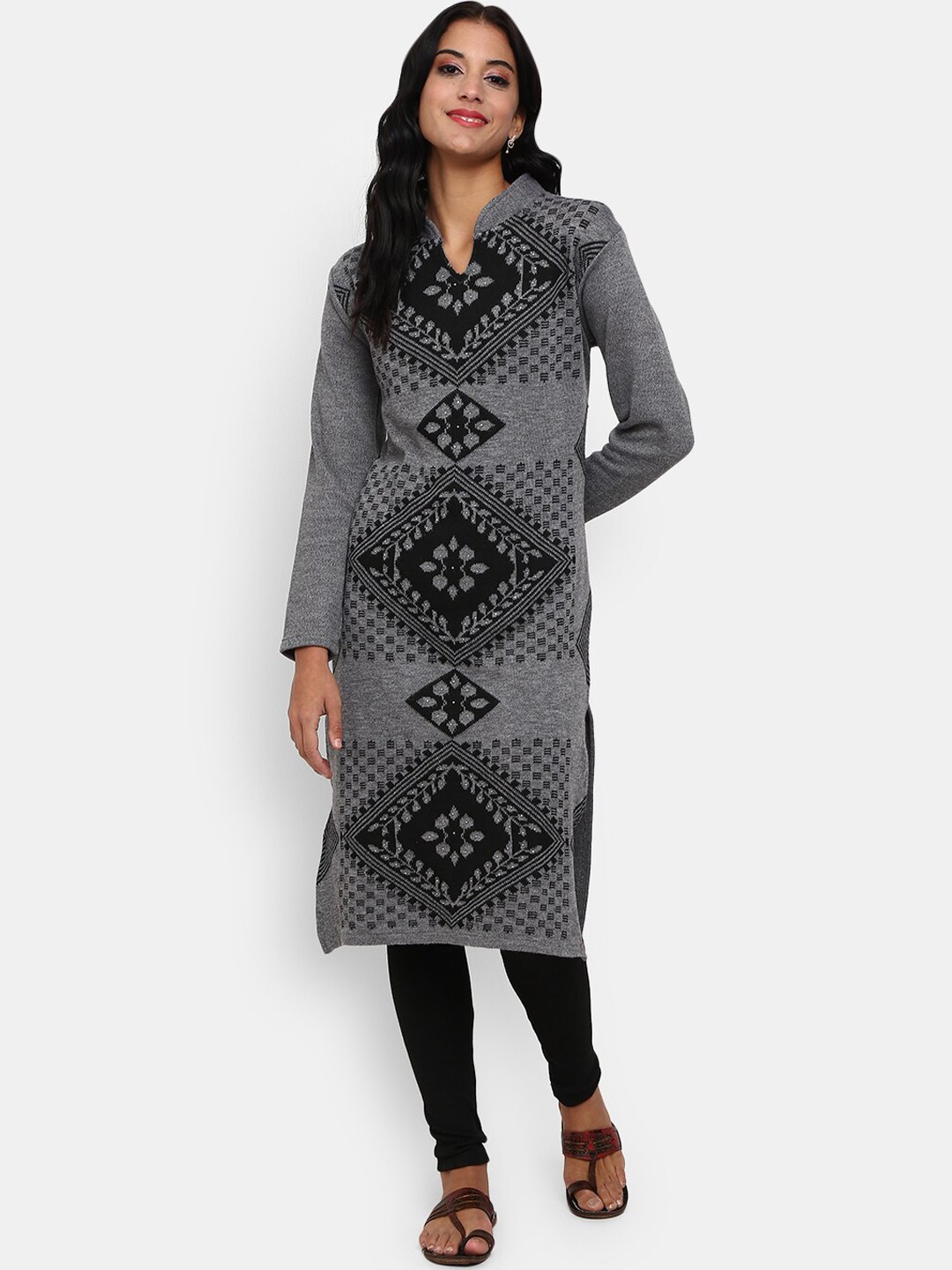 

V-Mart Women Grey & Black Ethnic Motifs Jacquard Kurta