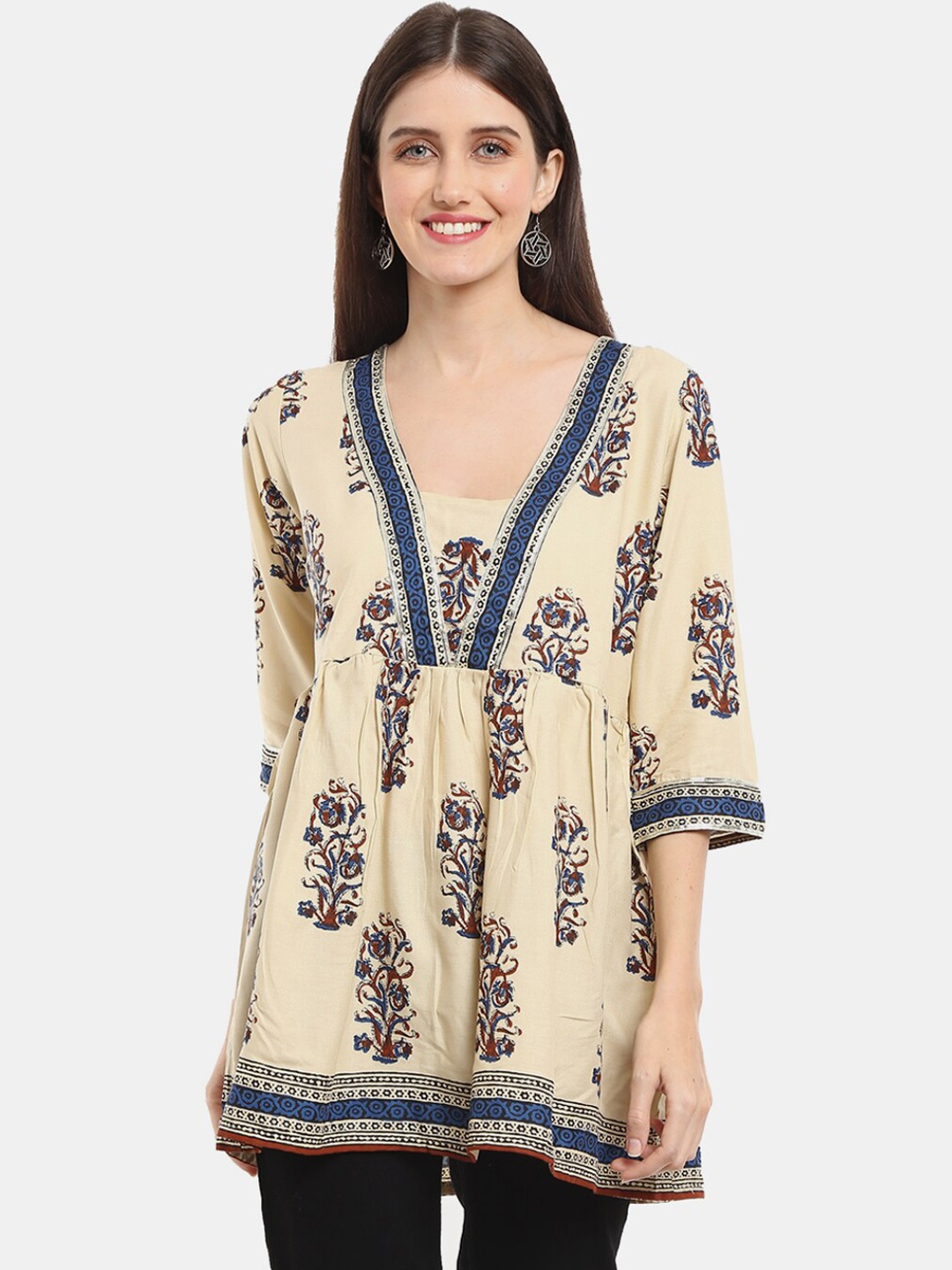 

V-Mart Beige Floral Printed V-Neck Empire Kurti