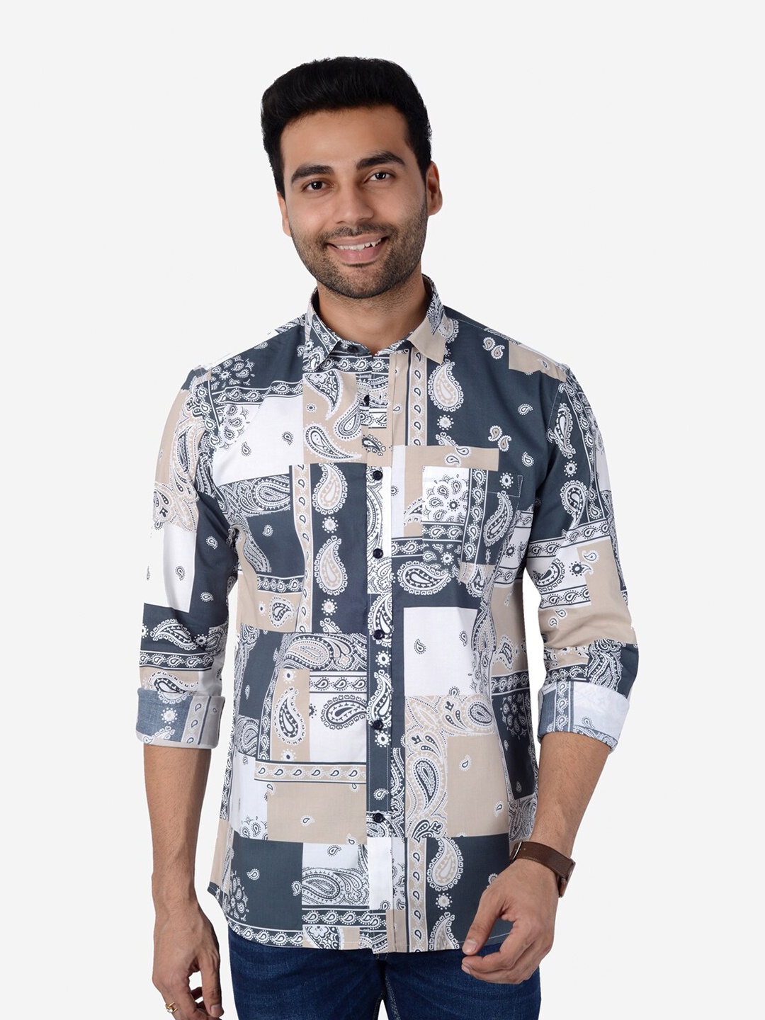 

5TH ANFOLD Men Beige Slim Fit Printed Pure Cotton Casual Shirt