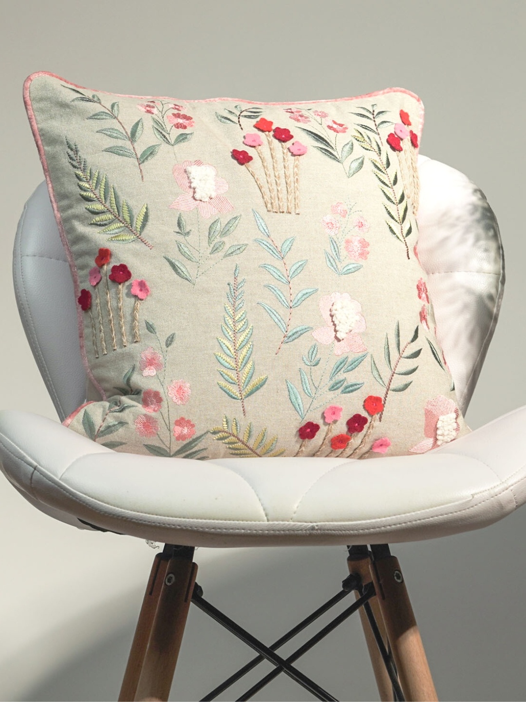 

haus & kinder Grey & Green Embroidered Square Cushion Cover