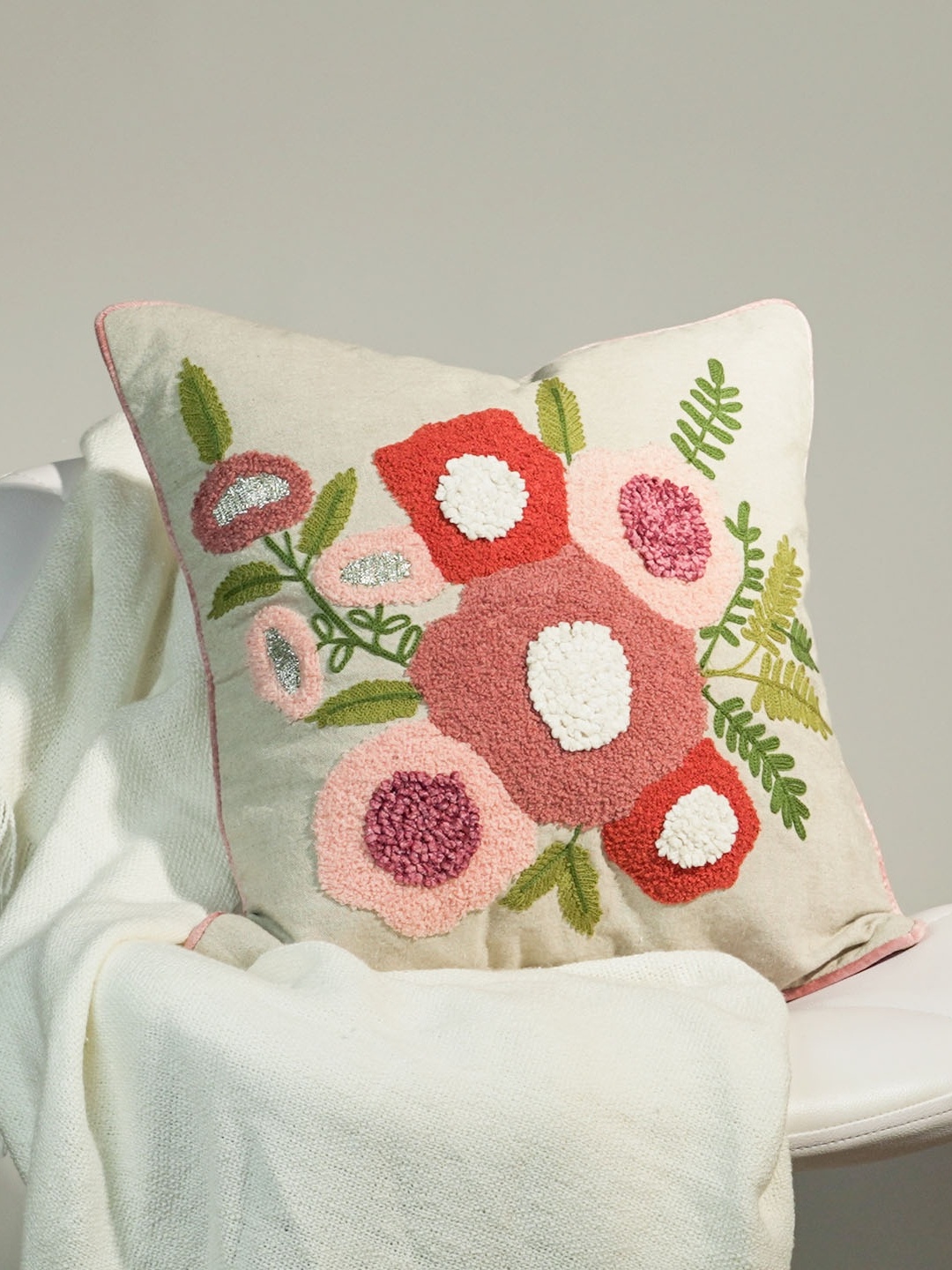 

haus & kinder Grey & Peach Embroidered Cotton Square Cushion Cover