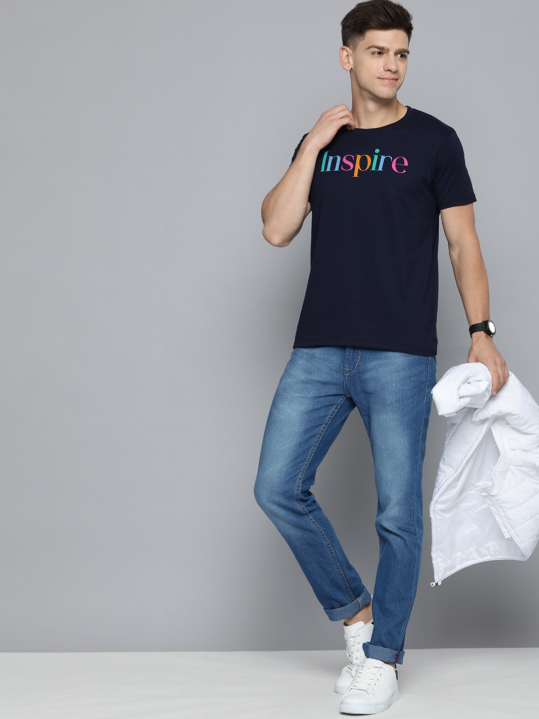 

HERE&NOW Men Navy Blue Typography Printed Pure Cotton T-shirt