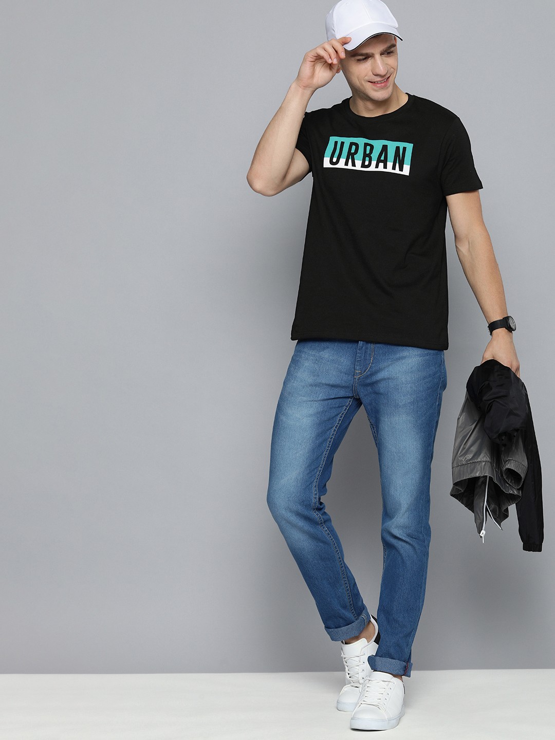 

HERE&NOW Men Black Pure Cotton Typography Printed T-shirt