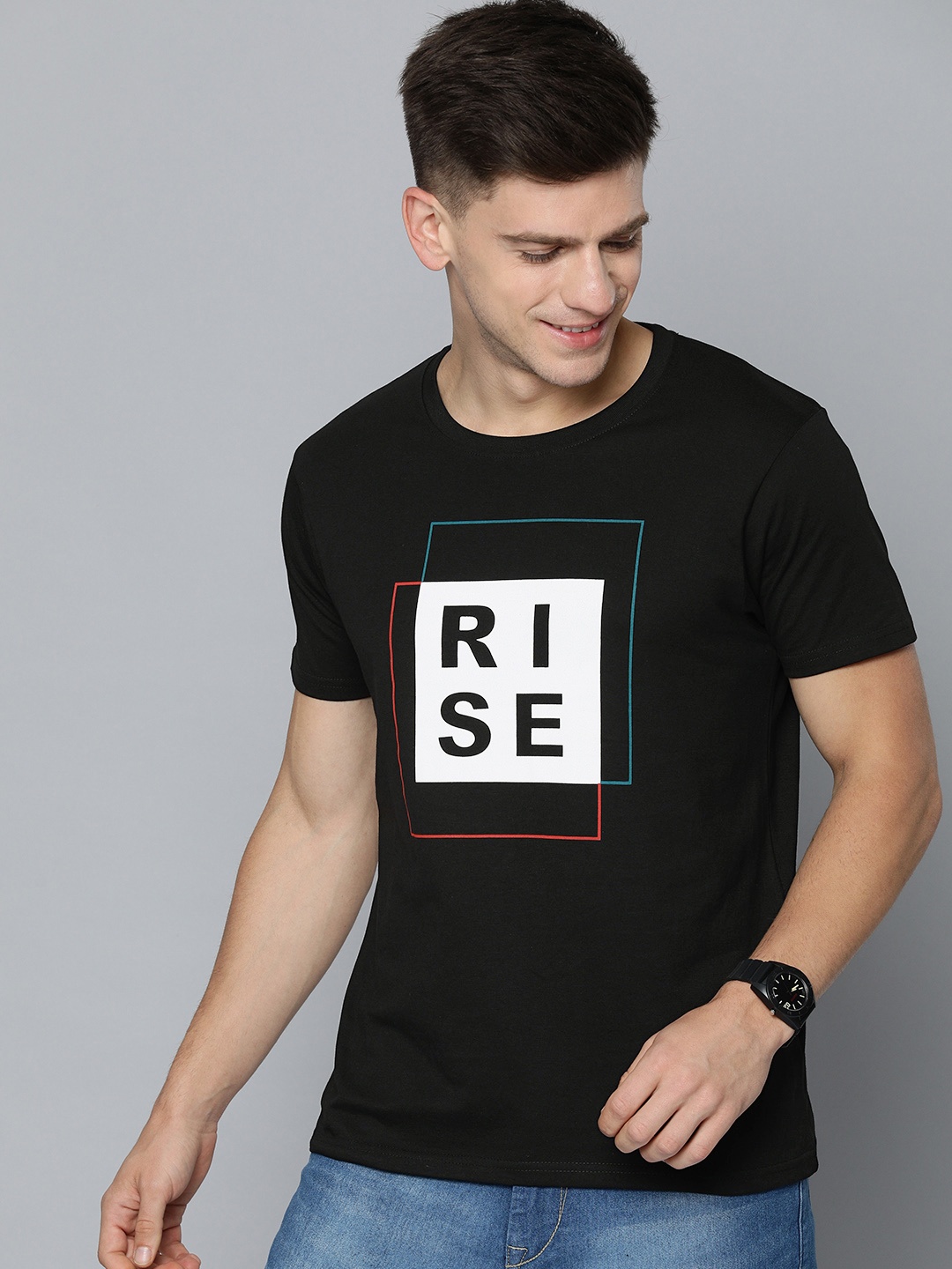 

HERE&NOW Men Black Pure Cotton Typography Printed T-shirt