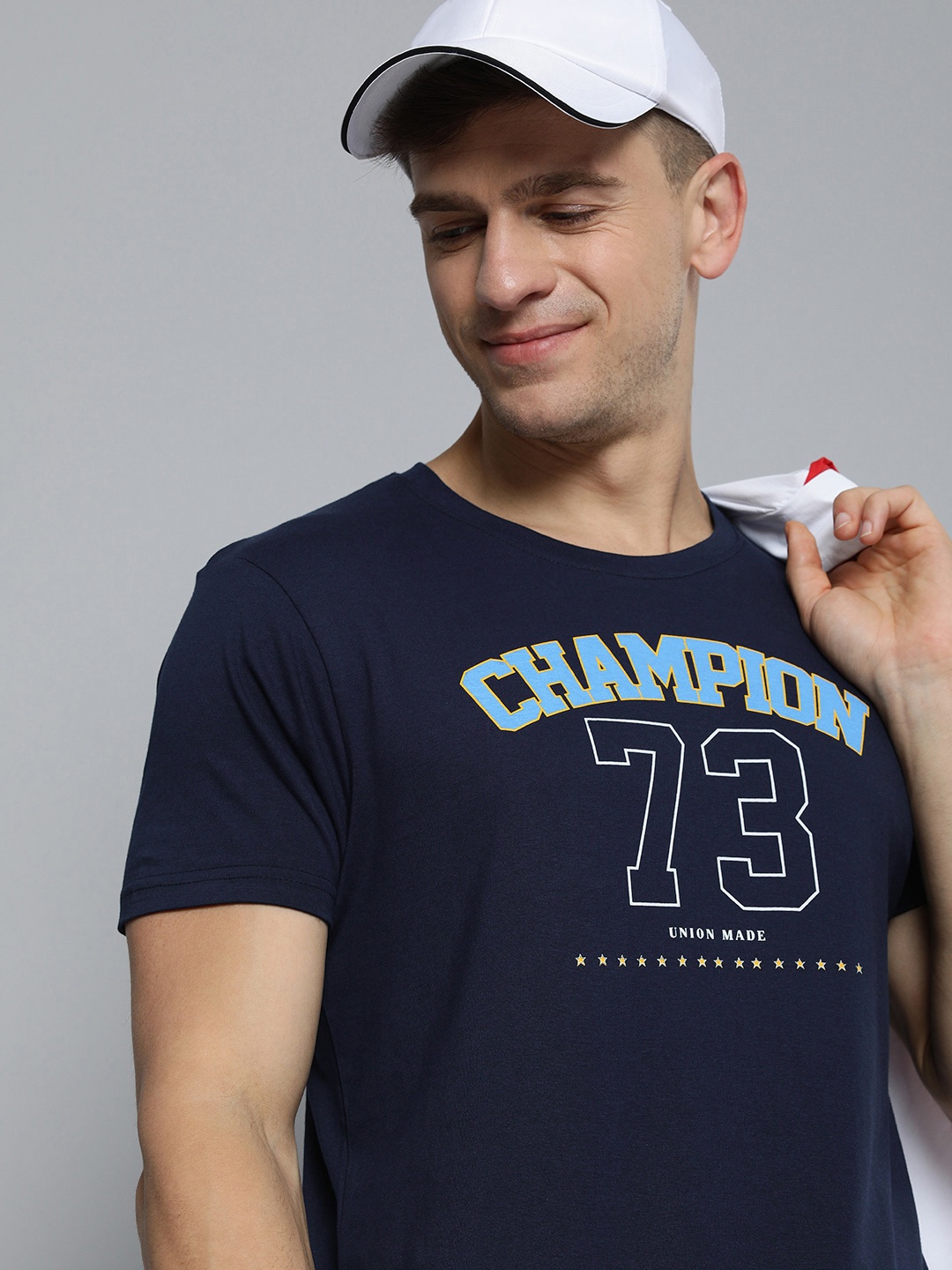 

HERE&NOW Men Blue Pure Cotton Typography Printed T-shirt