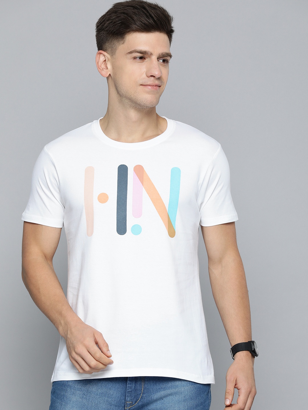

HERE&NOW Men White Typography Printed Pure Cotton T-shirt