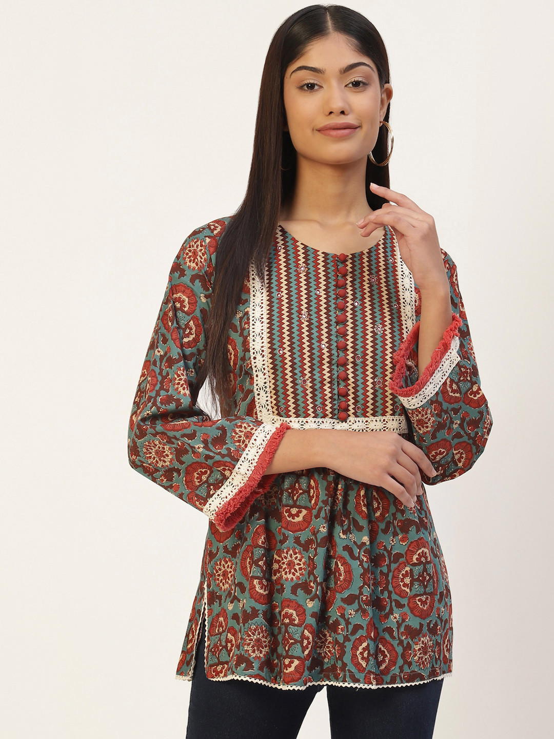 

Jaipur Morni Blue & Rust Brown Pure Cotton Block Print A-Line Top
